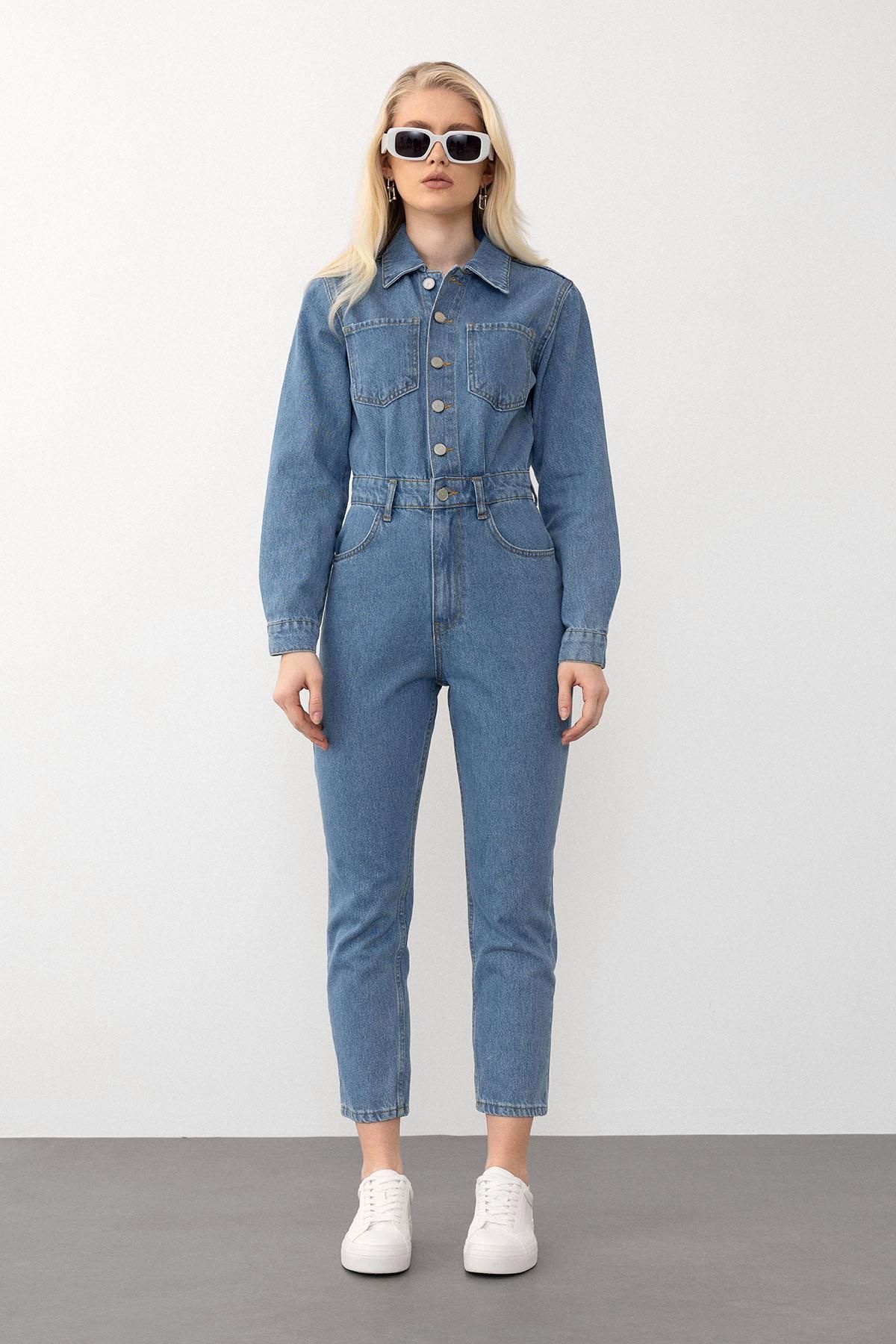 Olcay-Kék zsebes részletes gombos farmer Jumpsuit 9270 modellszám 2