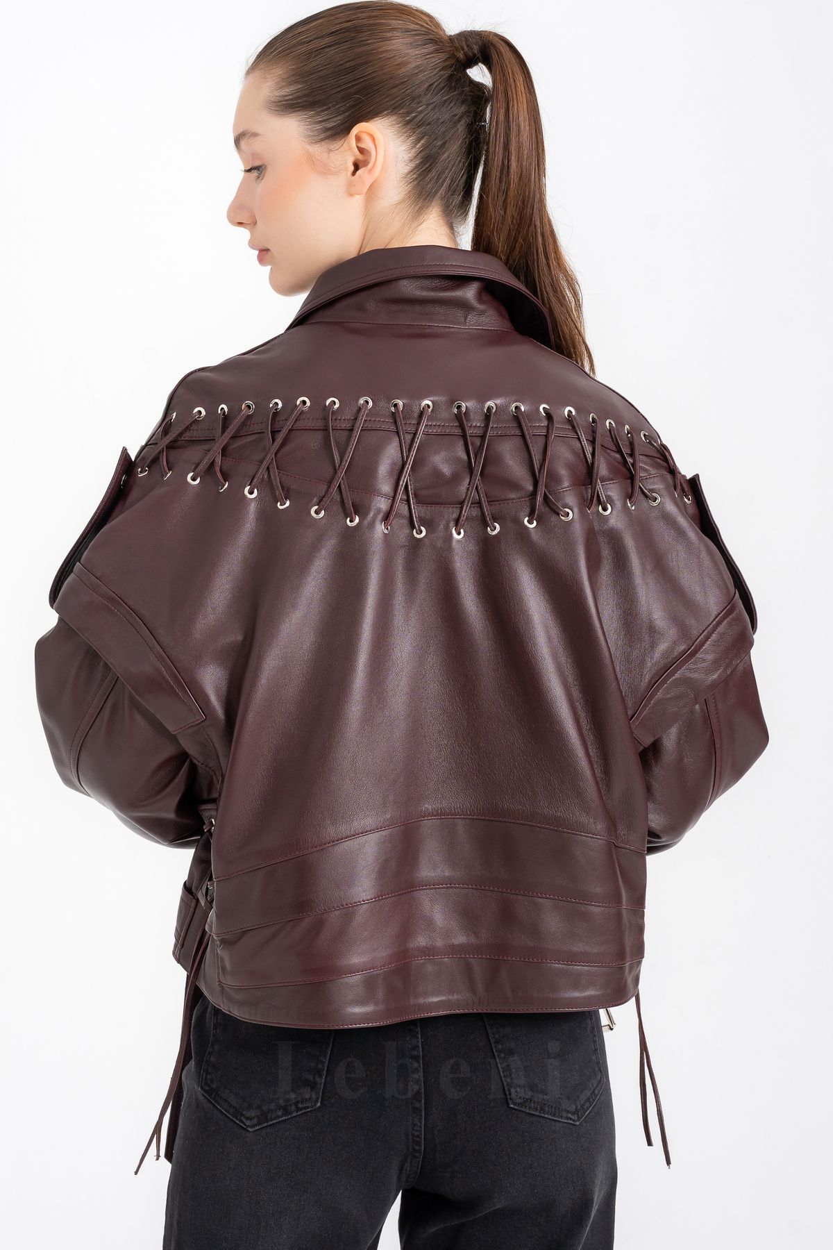 Lebeni-Women's Oversize Real Burgundy Lambskin Jacket Asymmetrical Zipper Biker Jacket 6