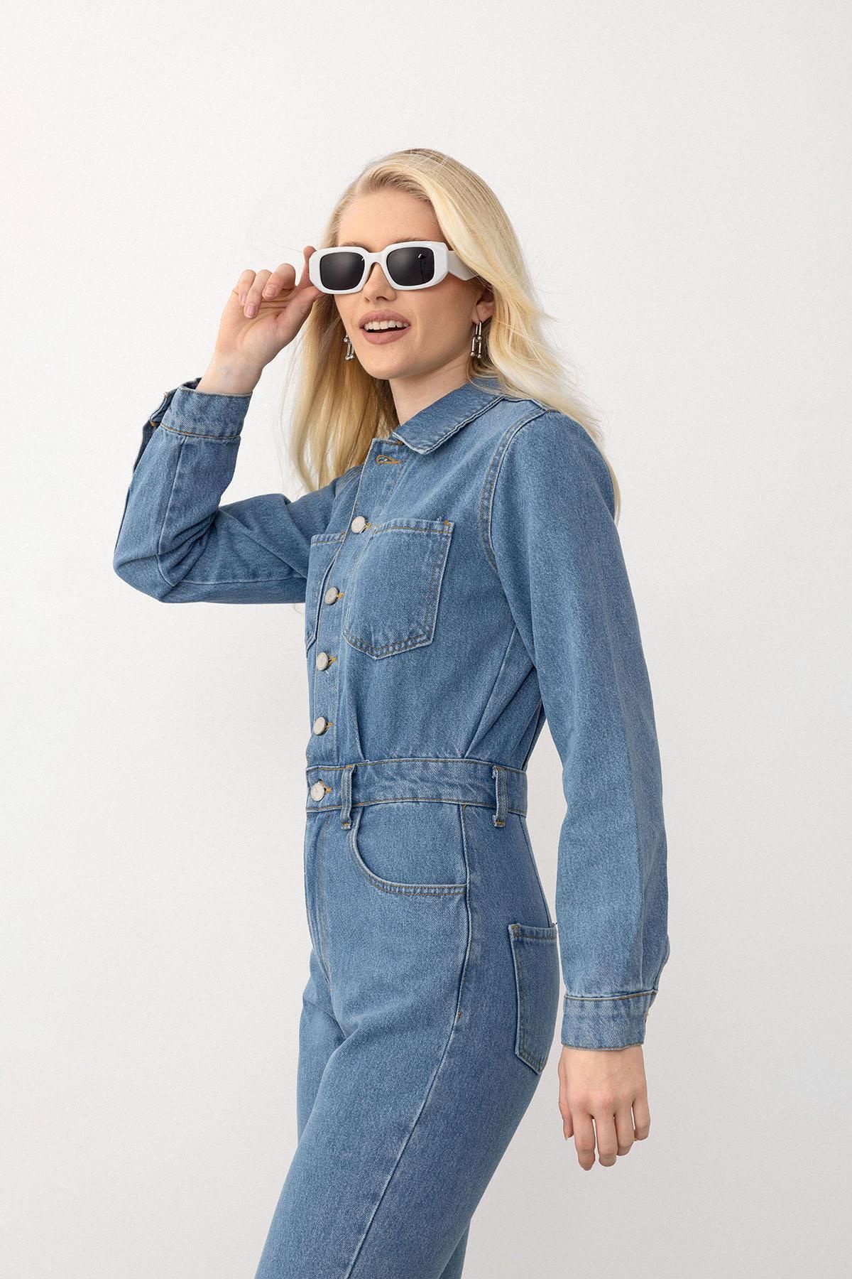 Olcay-Kék zsebes részletes gombos farmer Jumpsuit 9270 modellszám 6