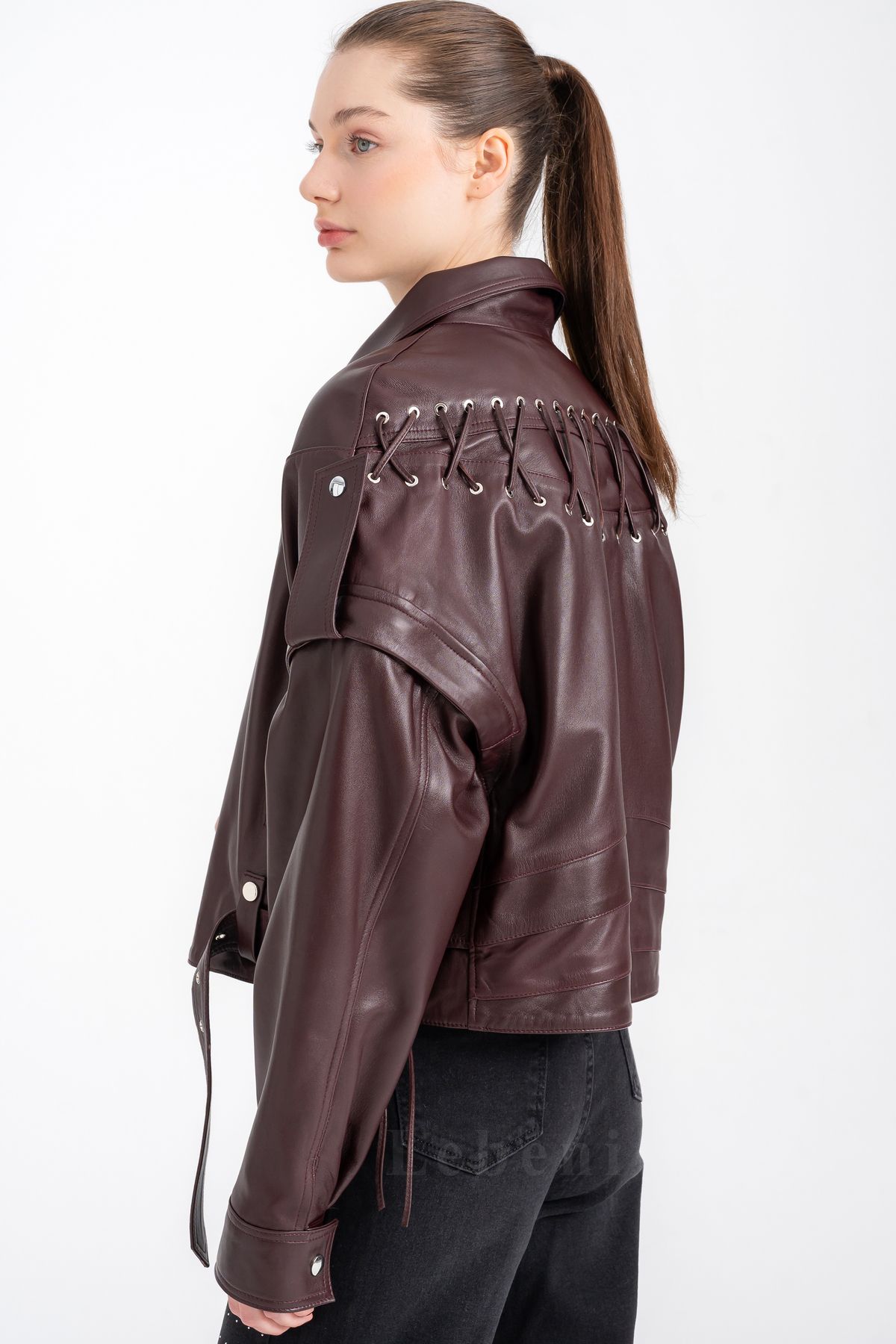 Lebeni-Women's Oversize Real Burgundy Lambskin Jacket Asymmetrical Zipper Biker Jacket 5