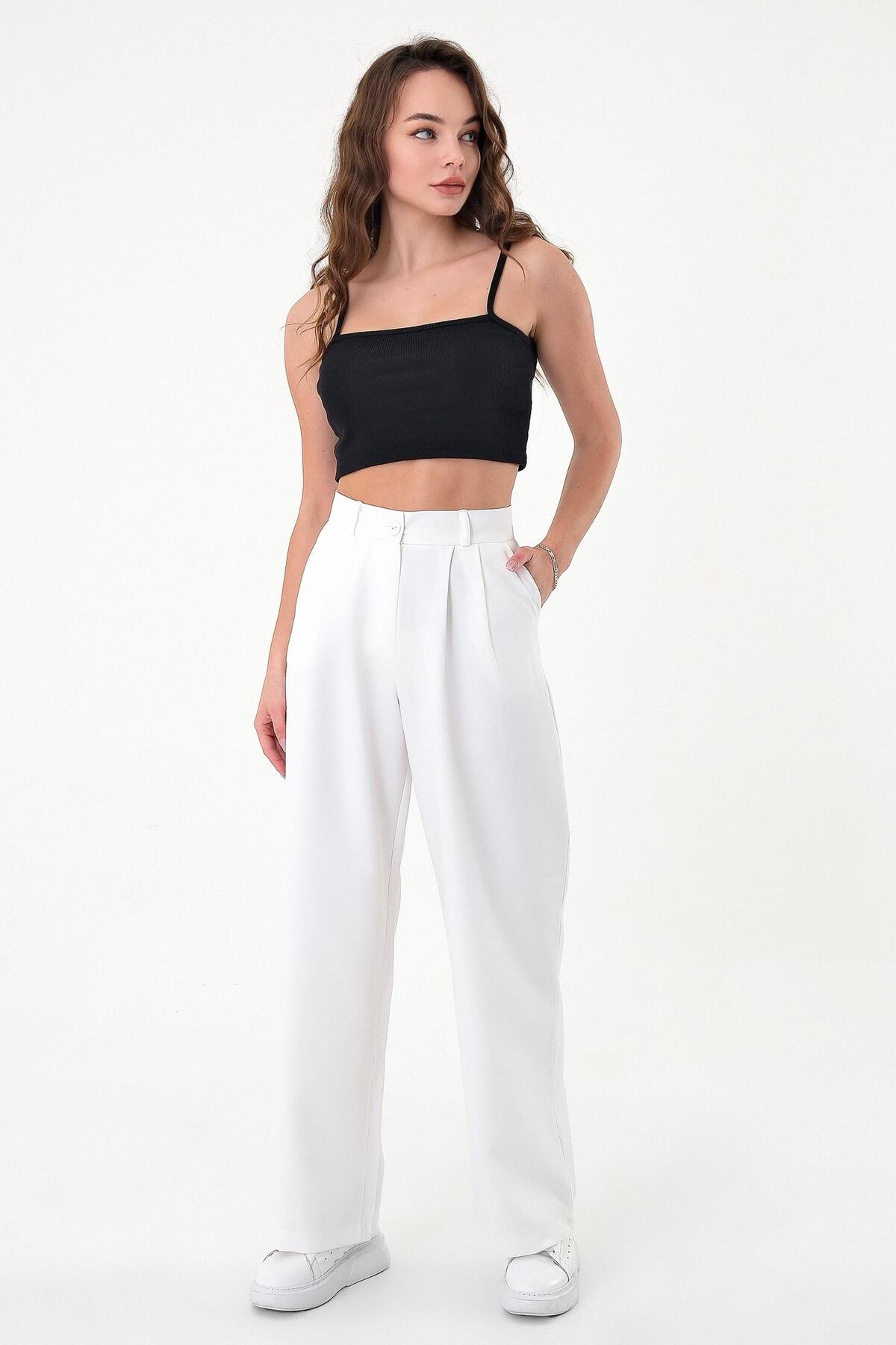 Hazel  Kadın Beyaz Yüksek Bel Palazzo Pantolon - Görsel 5