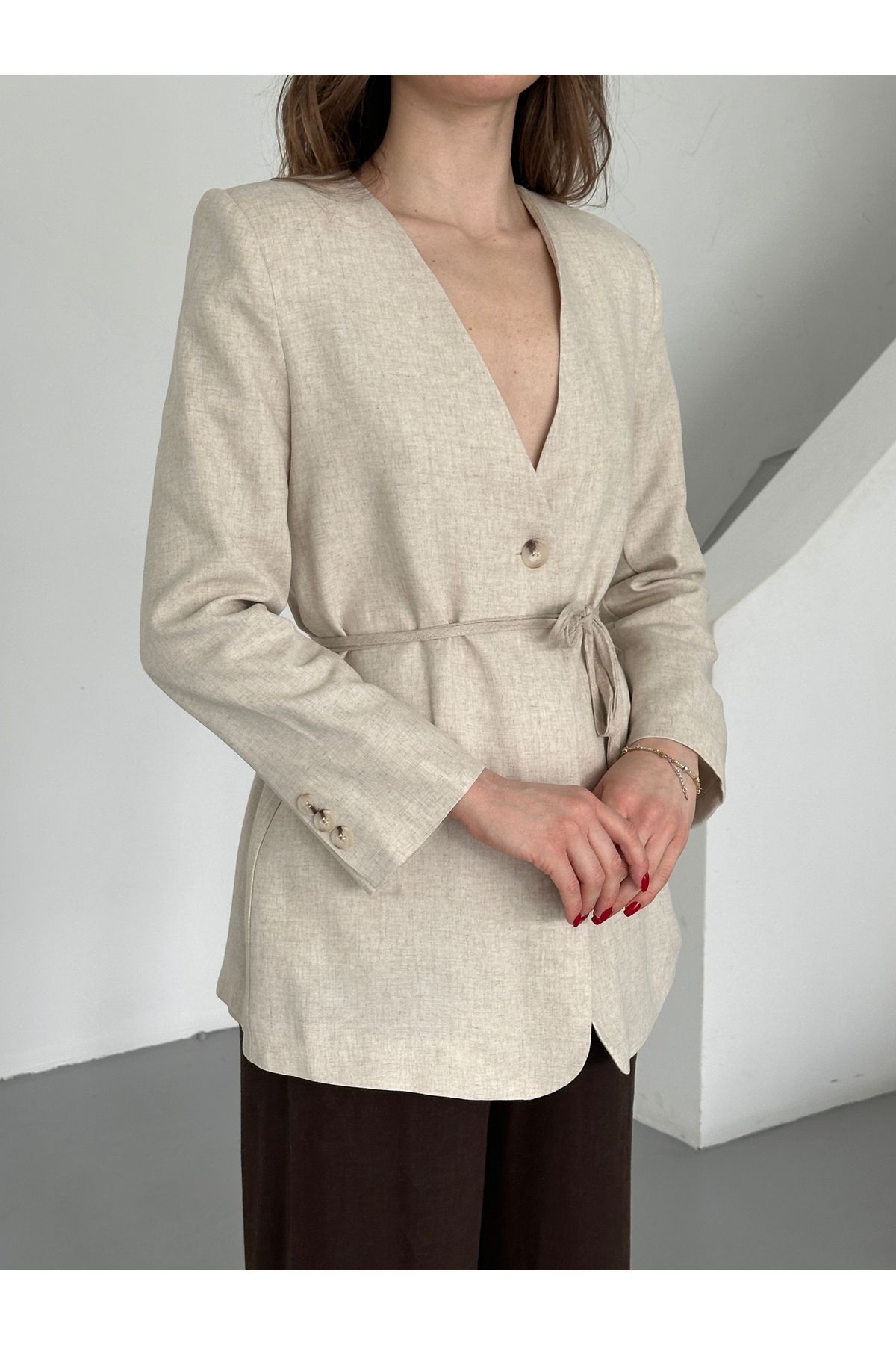 Laluvia-Beige 100% Cotton Rope Belted Jacket - 7395 7