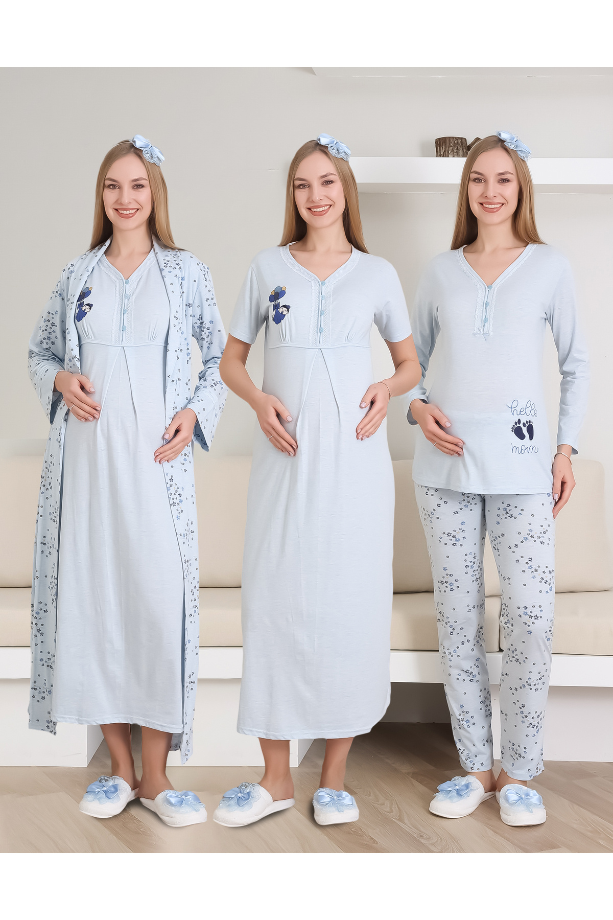 ERDENİZ TEKSTİL Hamile Gecelik, Pijama ve Sabahlıklı Takım 4'lü Set / Nakışlı Ve Düğmeli Yaka / Pamuklu Penye Kumaş