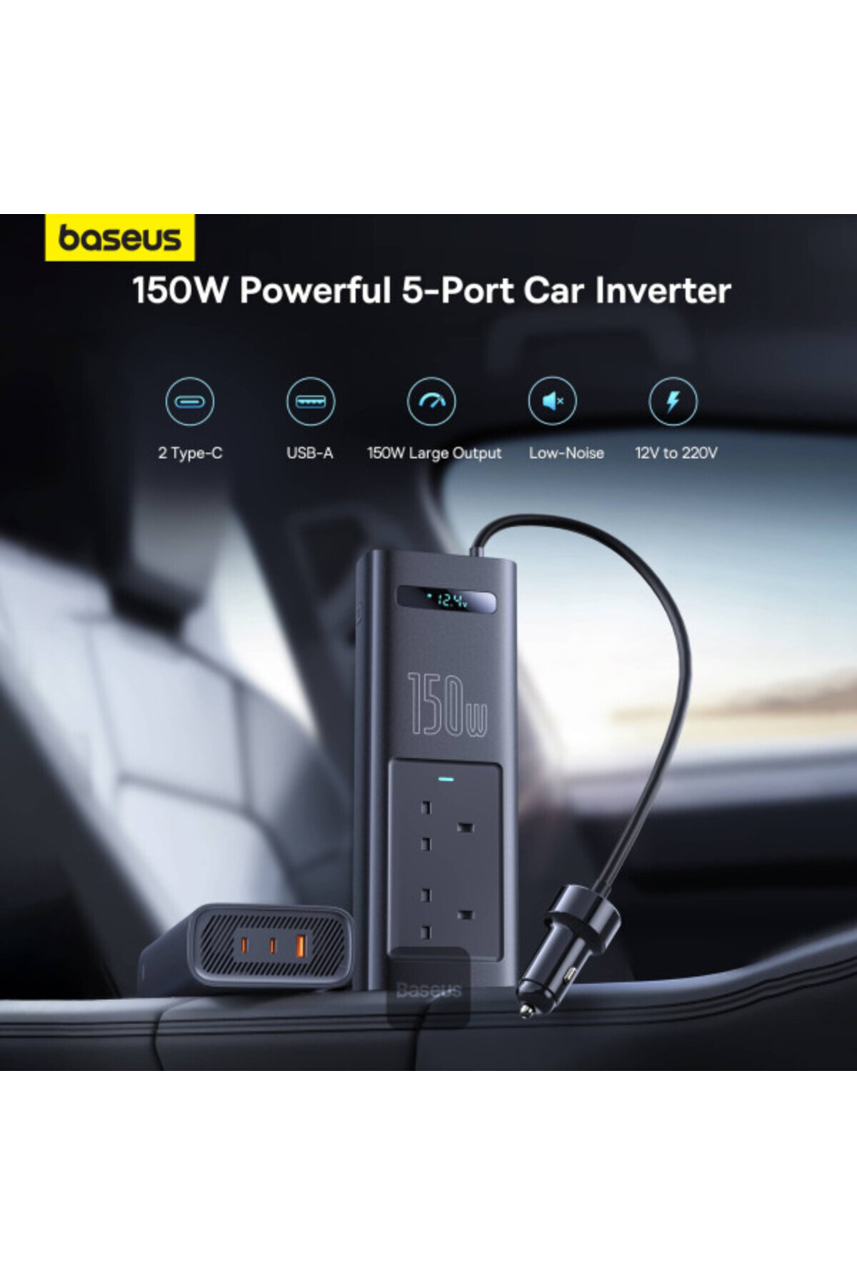 Baseus-Power Inverter  150W (220V UK) Cluster Black 2