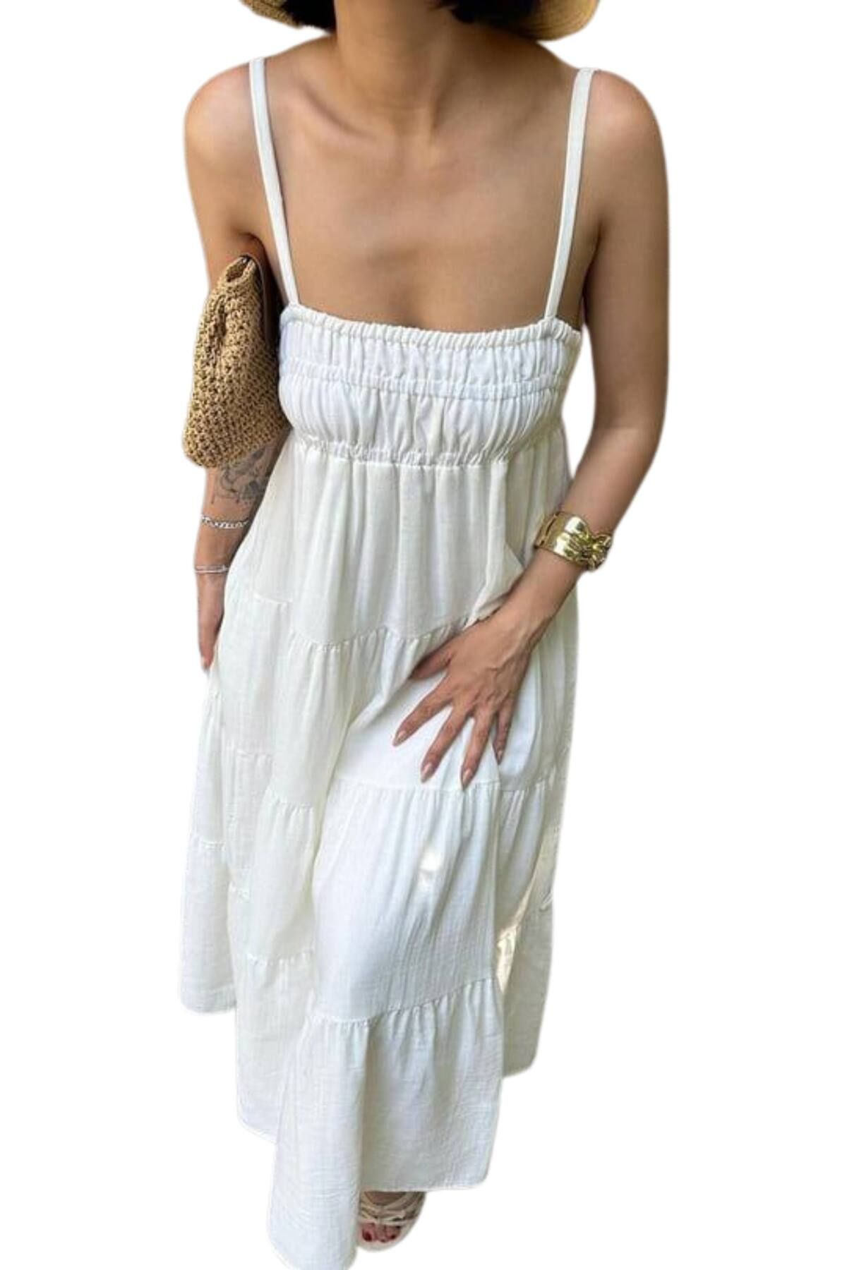 Moda Amore-Summer Women's Cotton Dress - Gipe Detailed Strap Muslin Fabric Midi Length 4198 2