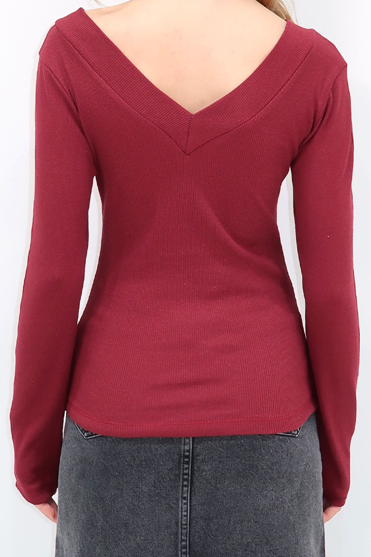 VAGGON-Front and Back V-Neck Ribbed Knitted Blouse 4