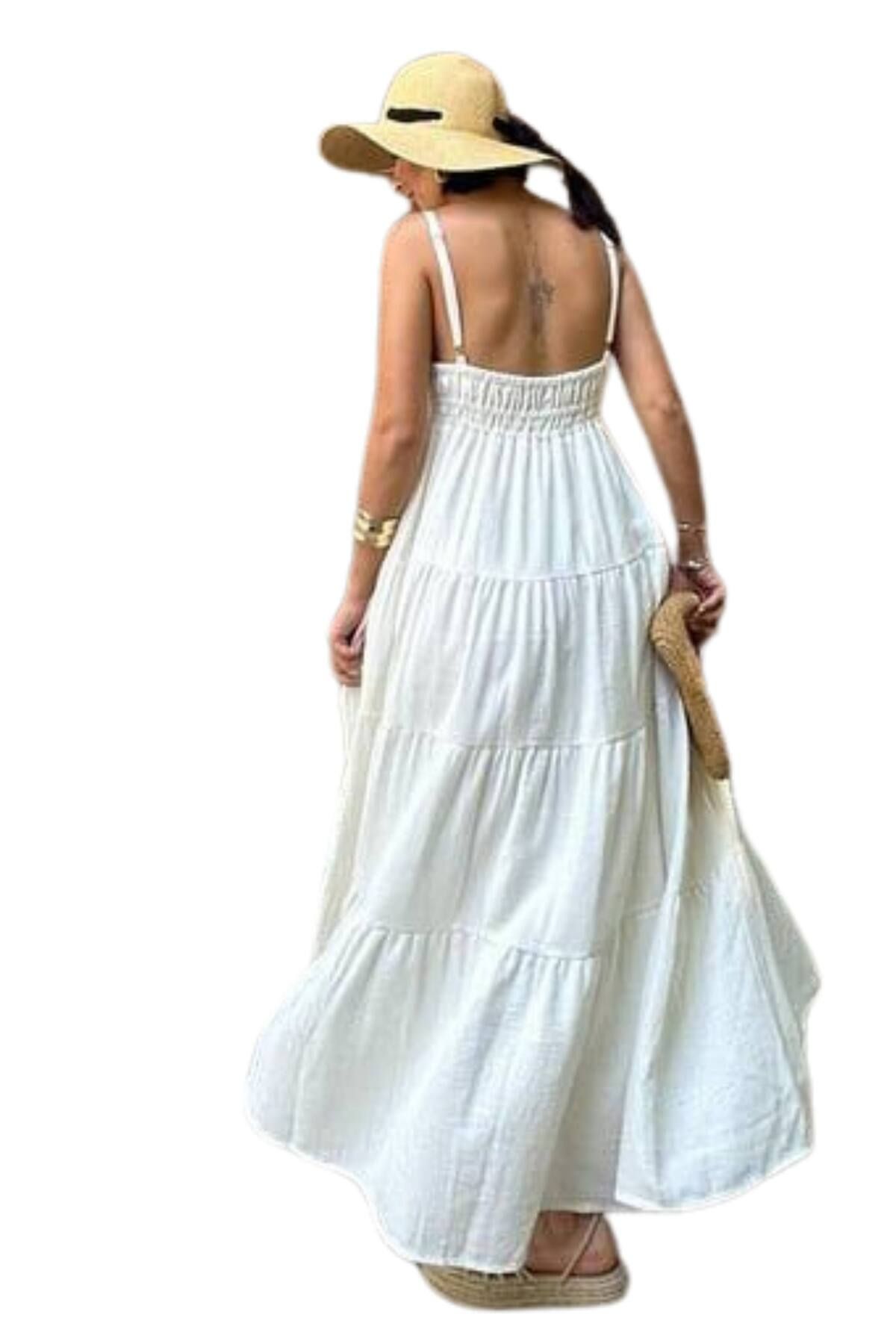 Moda Amore-Summer Women's Cotton Dress - Gipe Detailed Strap Muslin Fabric Midi Length 4198 3