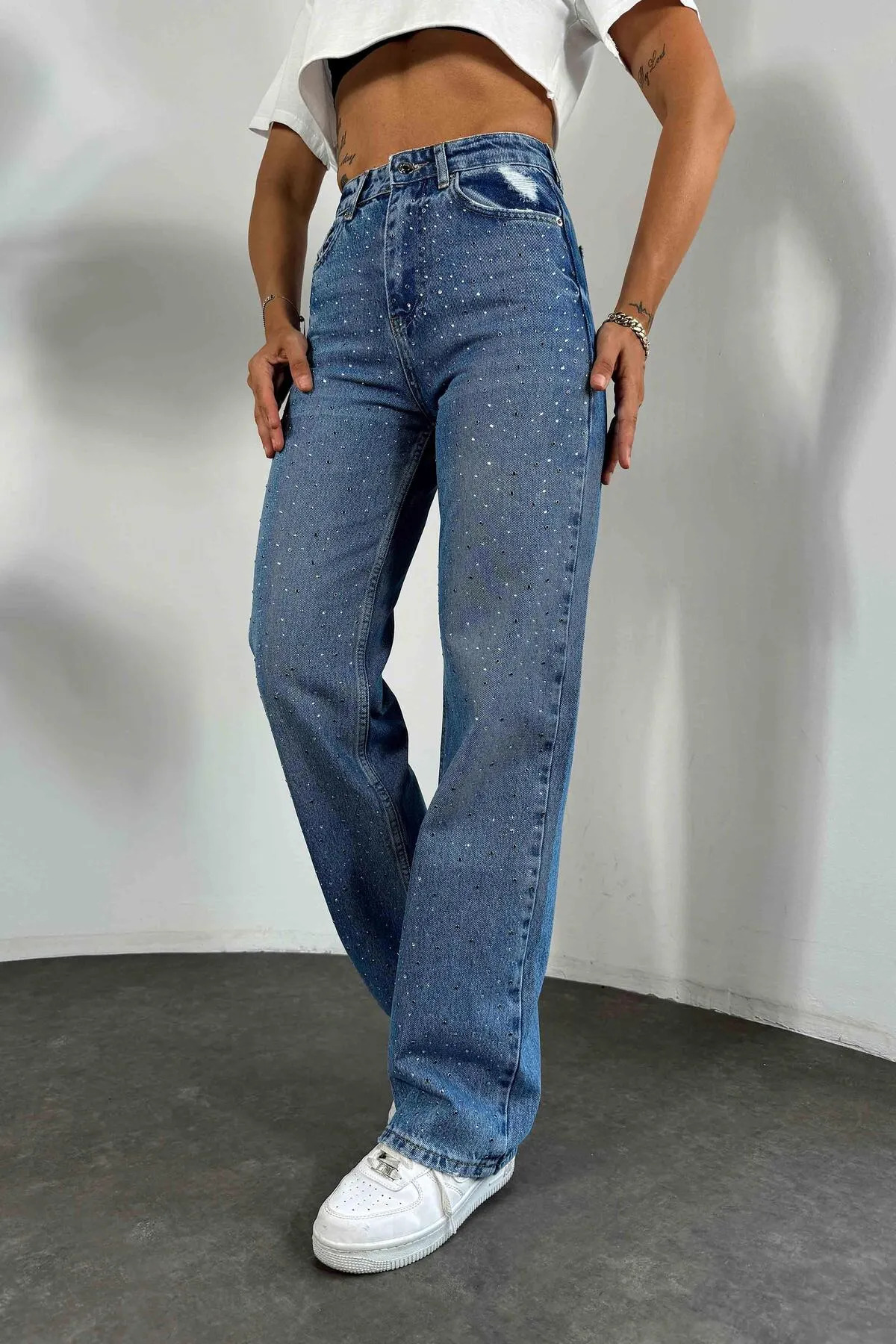 Fibula  Yüksek bel taşlı geniş paça mavi jean pantolon - Görsel 6