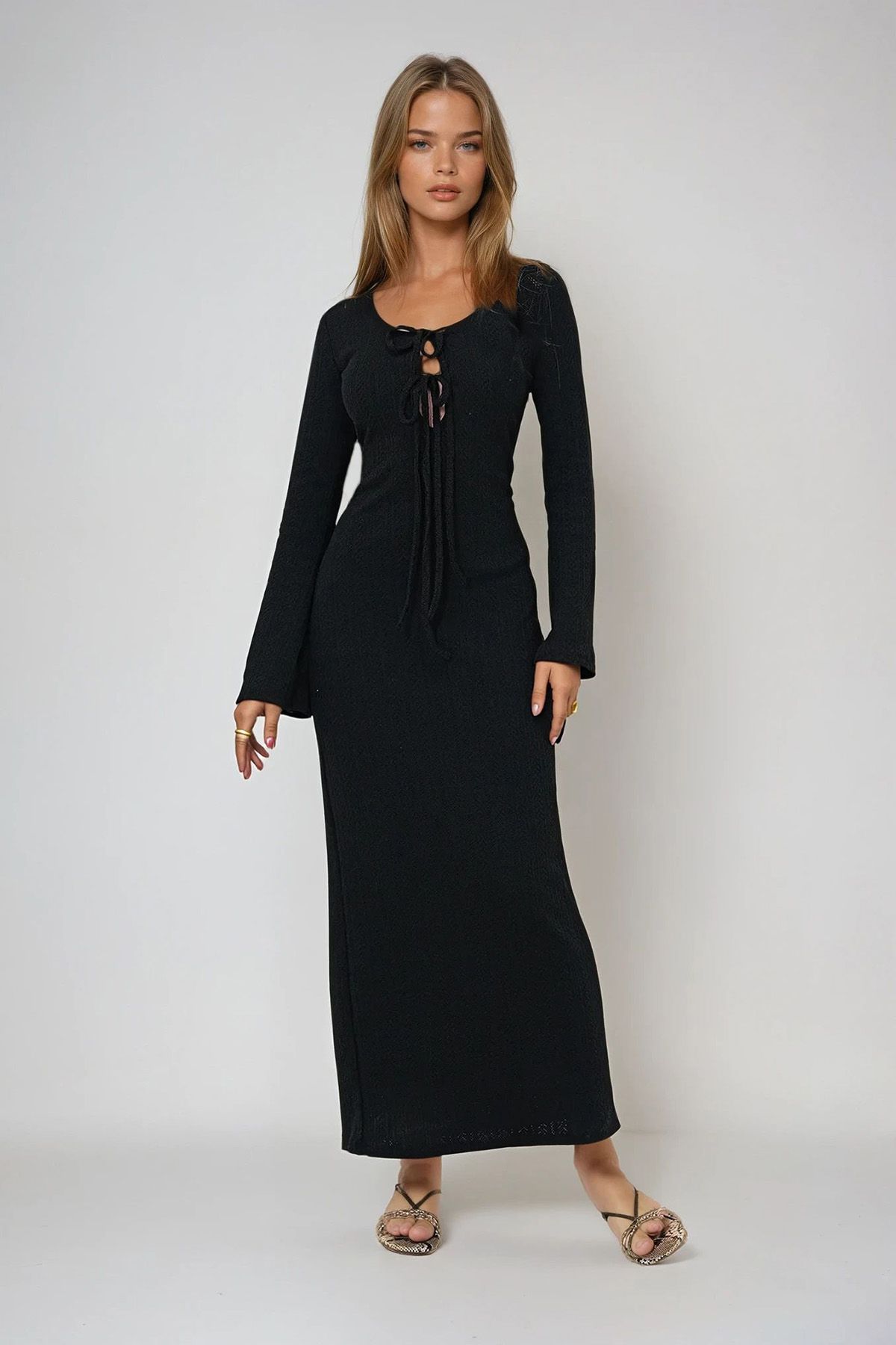 VAGGON-Open Collar Lined Summer Knitwear Dress 2