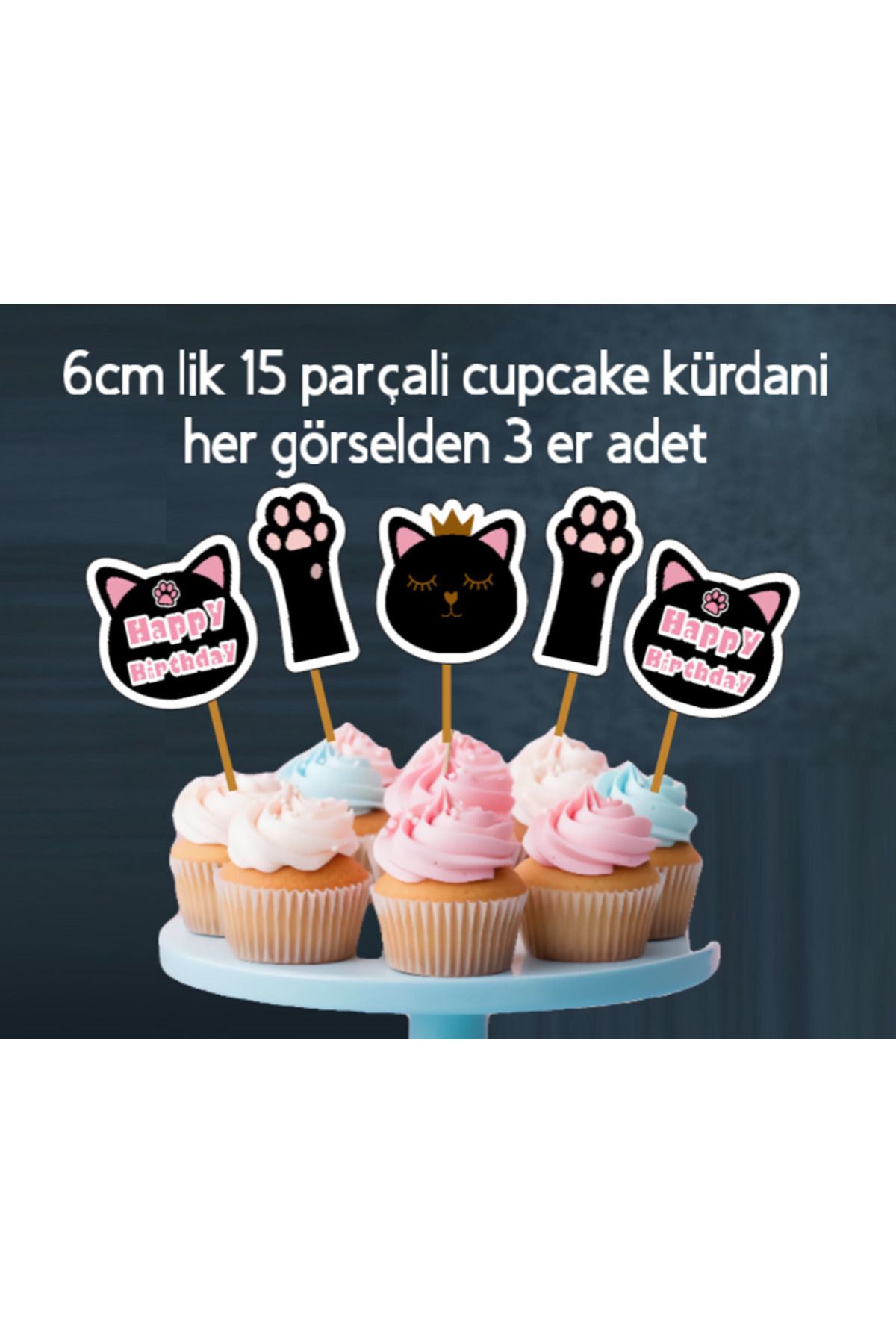 Hiras Dizayn-Cute Cats Themed 15 Pcs Birthday Ornament Cupcake Toothpicks Pastry Toothpicks 6-7cm 2