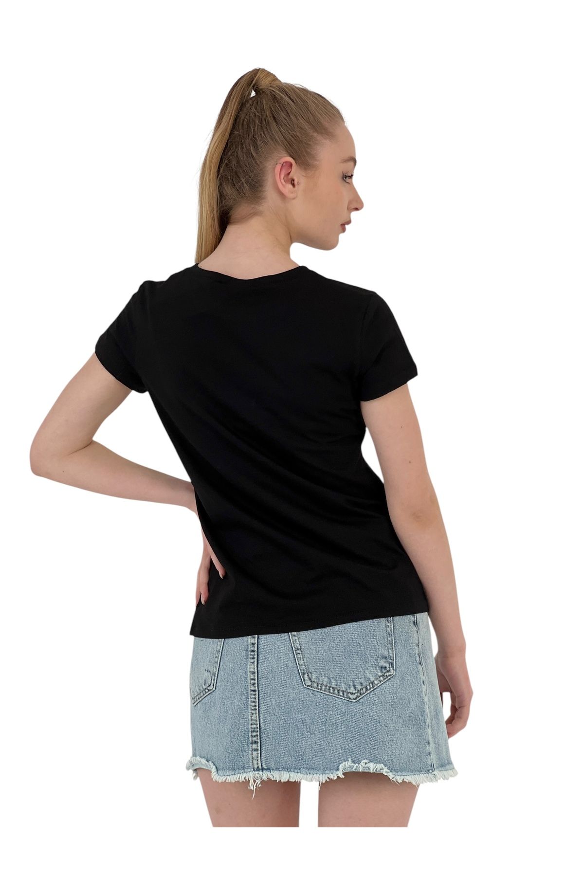 Miss Poem-Women's Star Printed Short Sleeve Summer Black T-Shirt 5