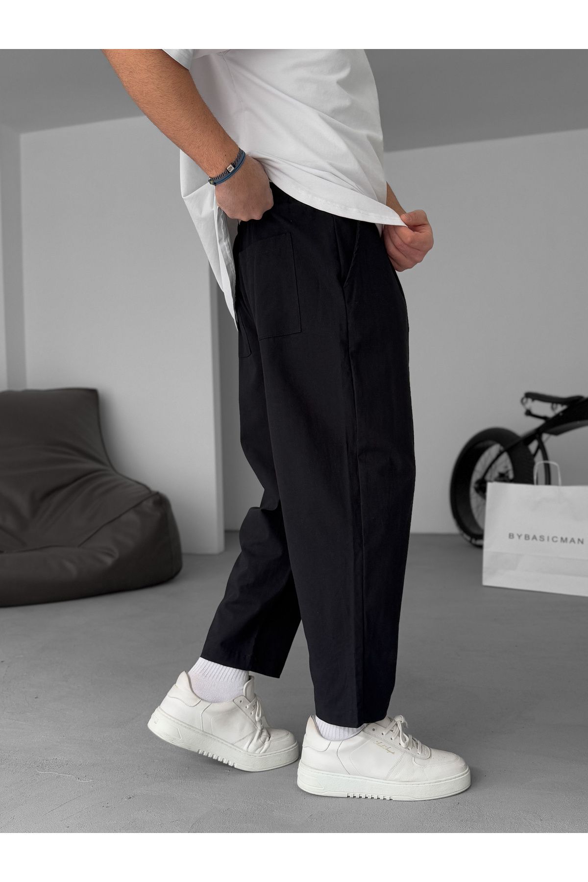 BYBASICMAN-Black Loose Fit Linen Trousers Jj-181 4