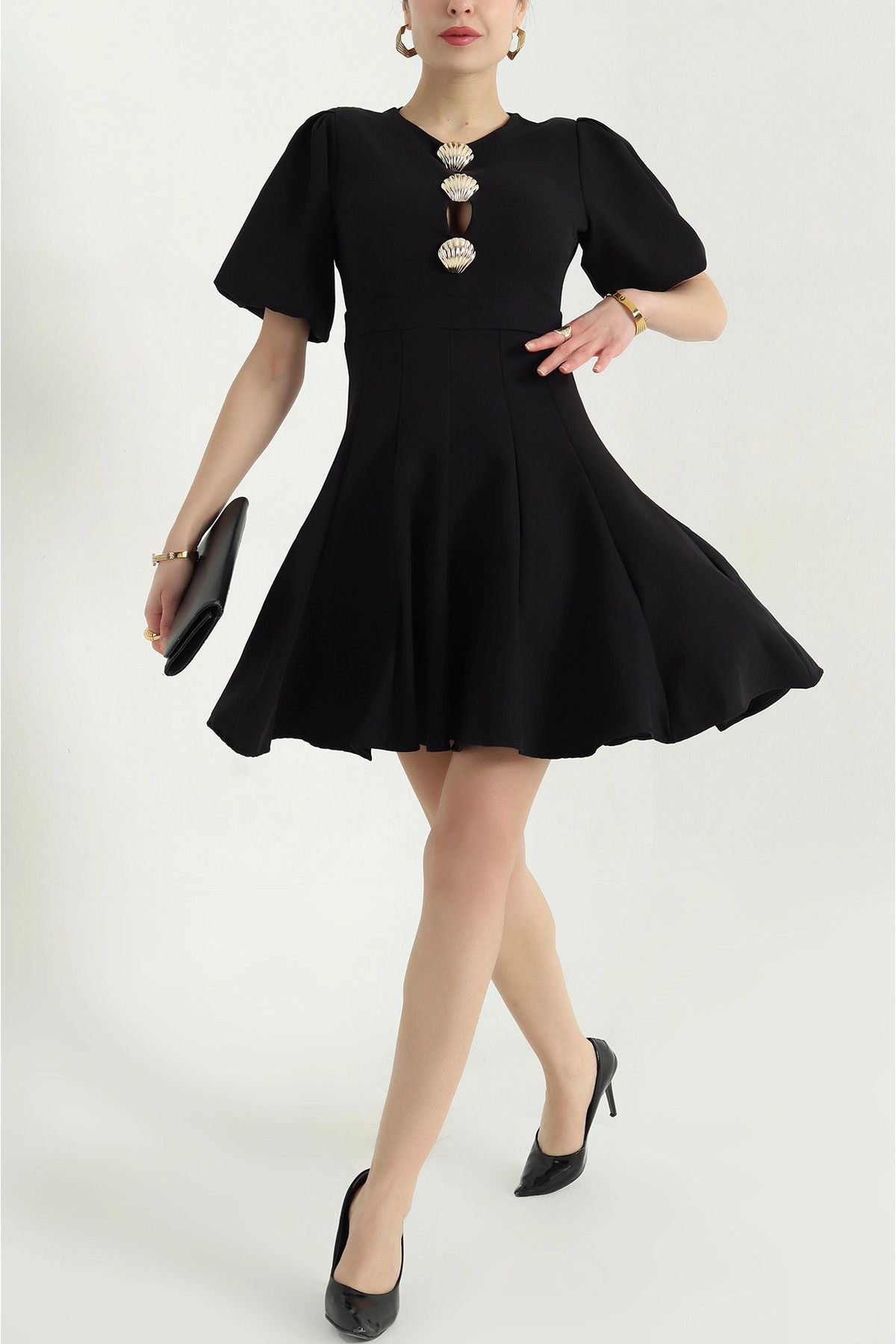 vuvutasarım-New Season Black Gold Oyster Design Zippered Padded Crepe Dress 2