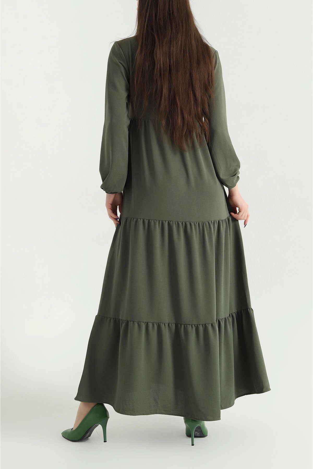 vuvutasarım-New Season Khaki Collar Tied Layered Aerobin Dress 3