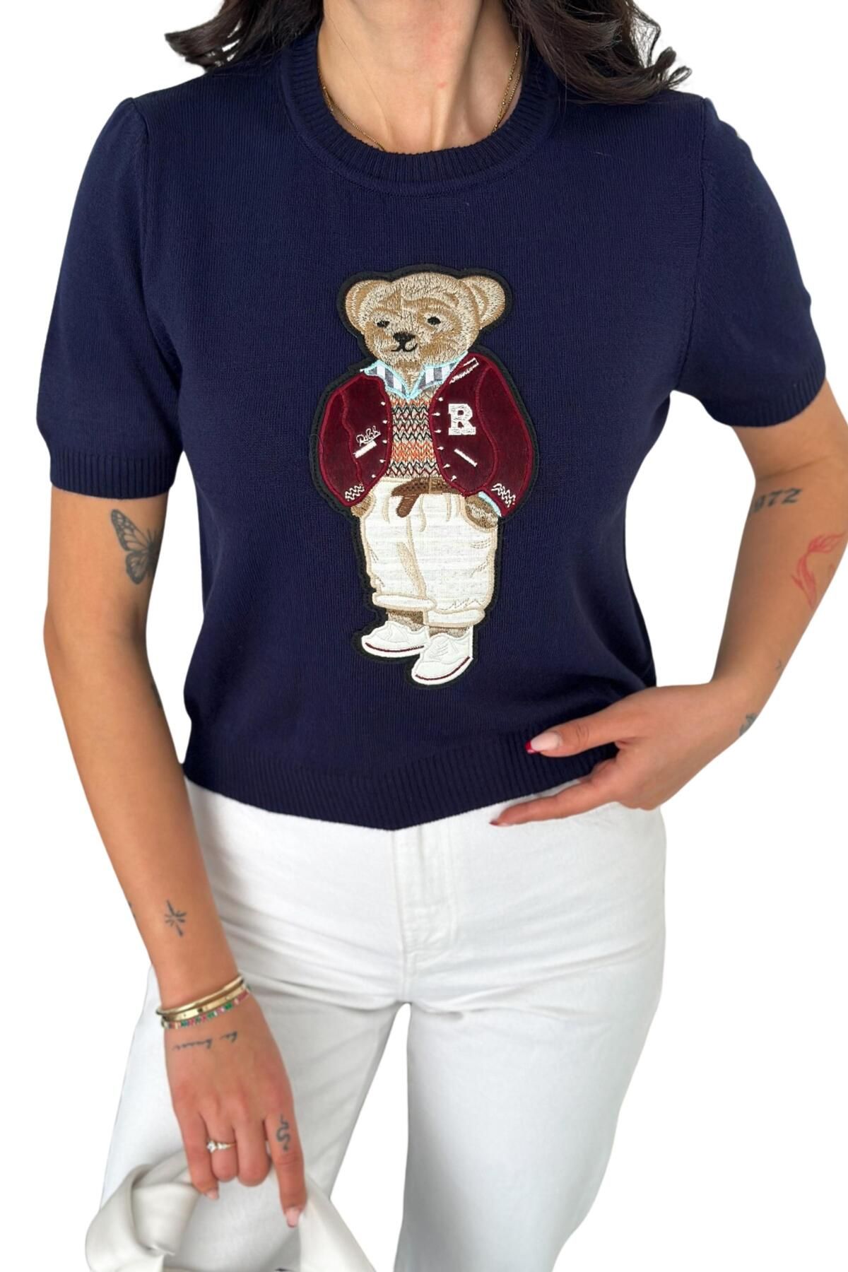 Moda Amore-Teddy Bear Knitwear Sweater - Short Sleeve Embroidery with Applique Detail 111 2