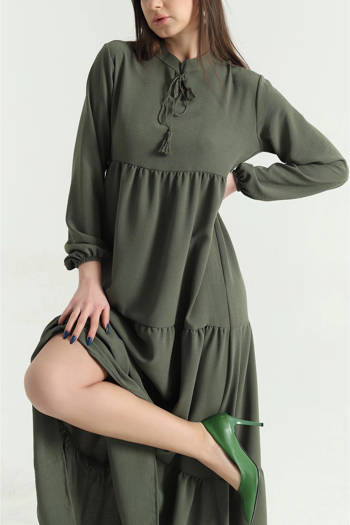 vuvutasarım-New Season Khaki Collar Tied Layered Aerobin Dress 4