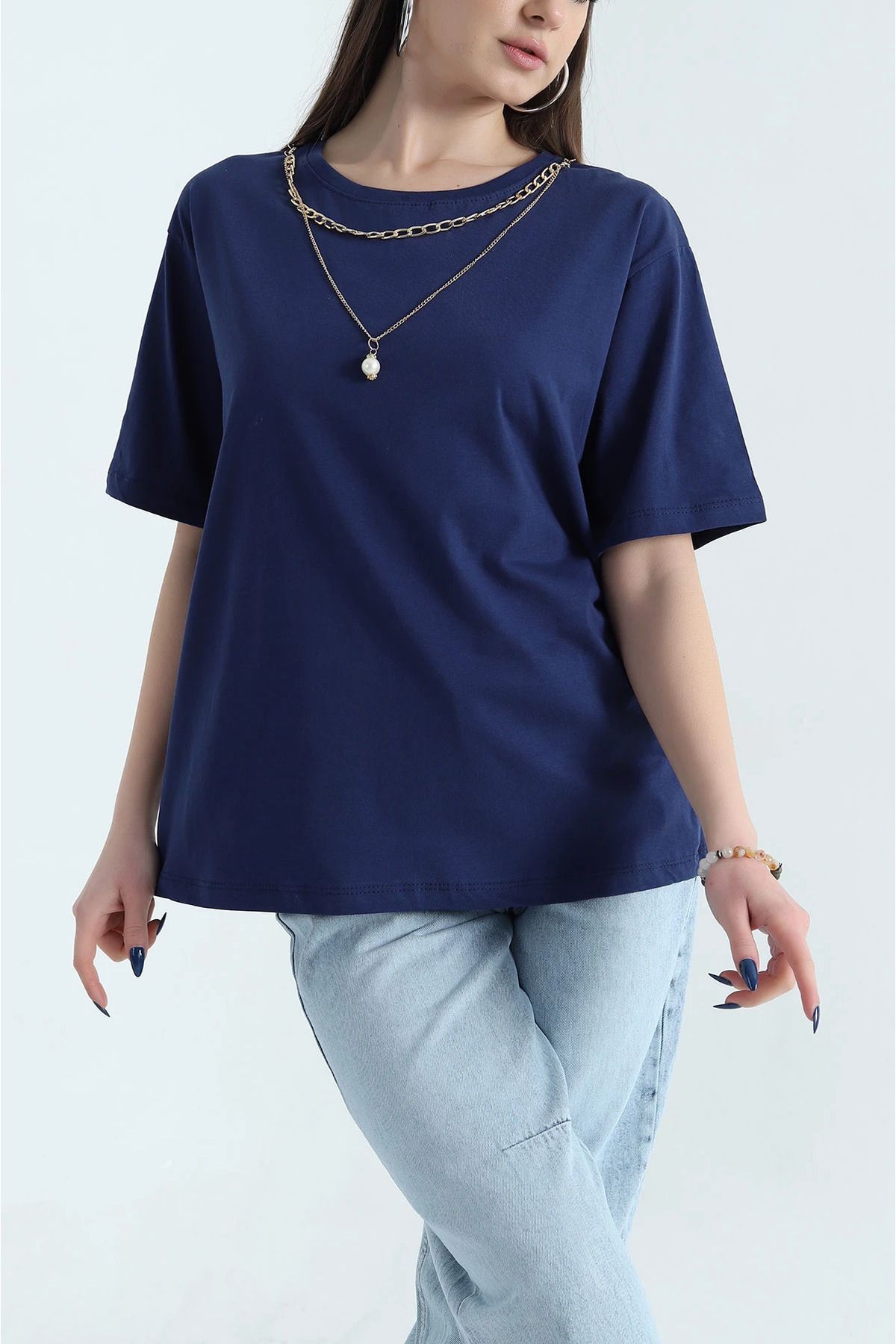 vuvutasarım-New Season Navy Blue Single Jersey T-Shirt with Necklace Accessories 2