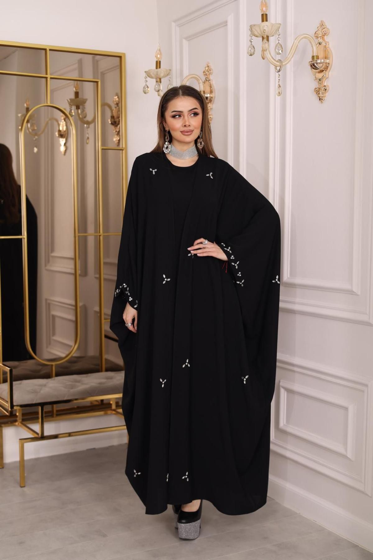 MAY MARA-Plus Size Drop Stone Embroidered Detailed Evening Dress Abaya 2