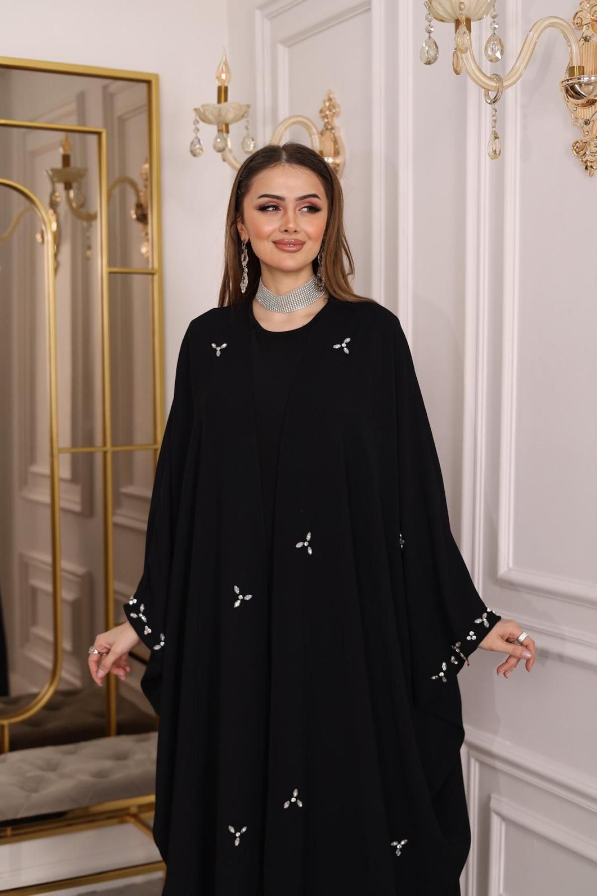 MAY MARA-Plus Size Drop Stone Embroidered Detailed Evening Dress Abaya 4