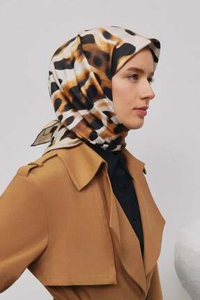 Armine Siyah Karamel Leopar Desen Saf İpek Tivil Dokuma Eşarp-E25YA9320D02-34...