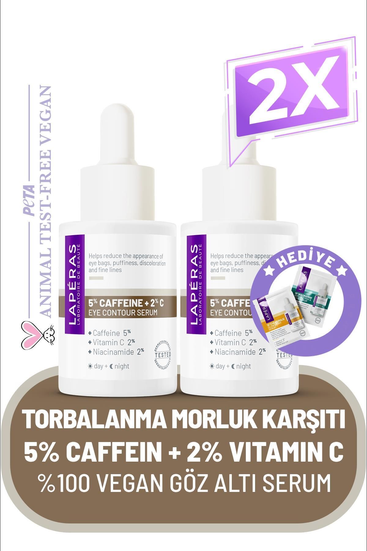 LAPERAS Torbalanma Morluk Karşıtı 5% Caffein 2% Vitamin C Aydınlatıcı Kafein Vegan Göz Altı Serum 2'li Paket