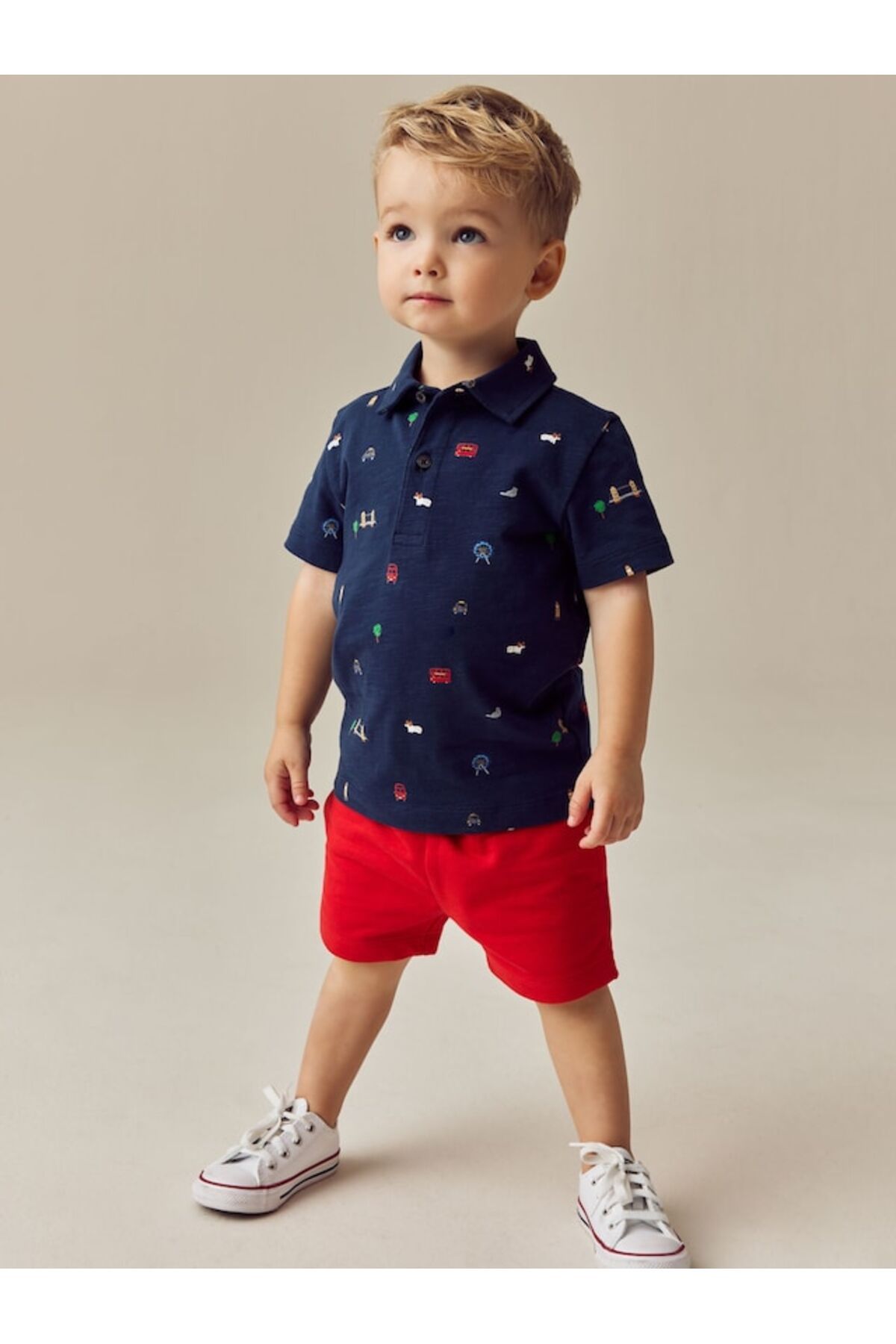 Next Baby-Cotton Navy Blue London Pattern Short Sleeve Polo Thsirt Shorts Bottom Top Set 1