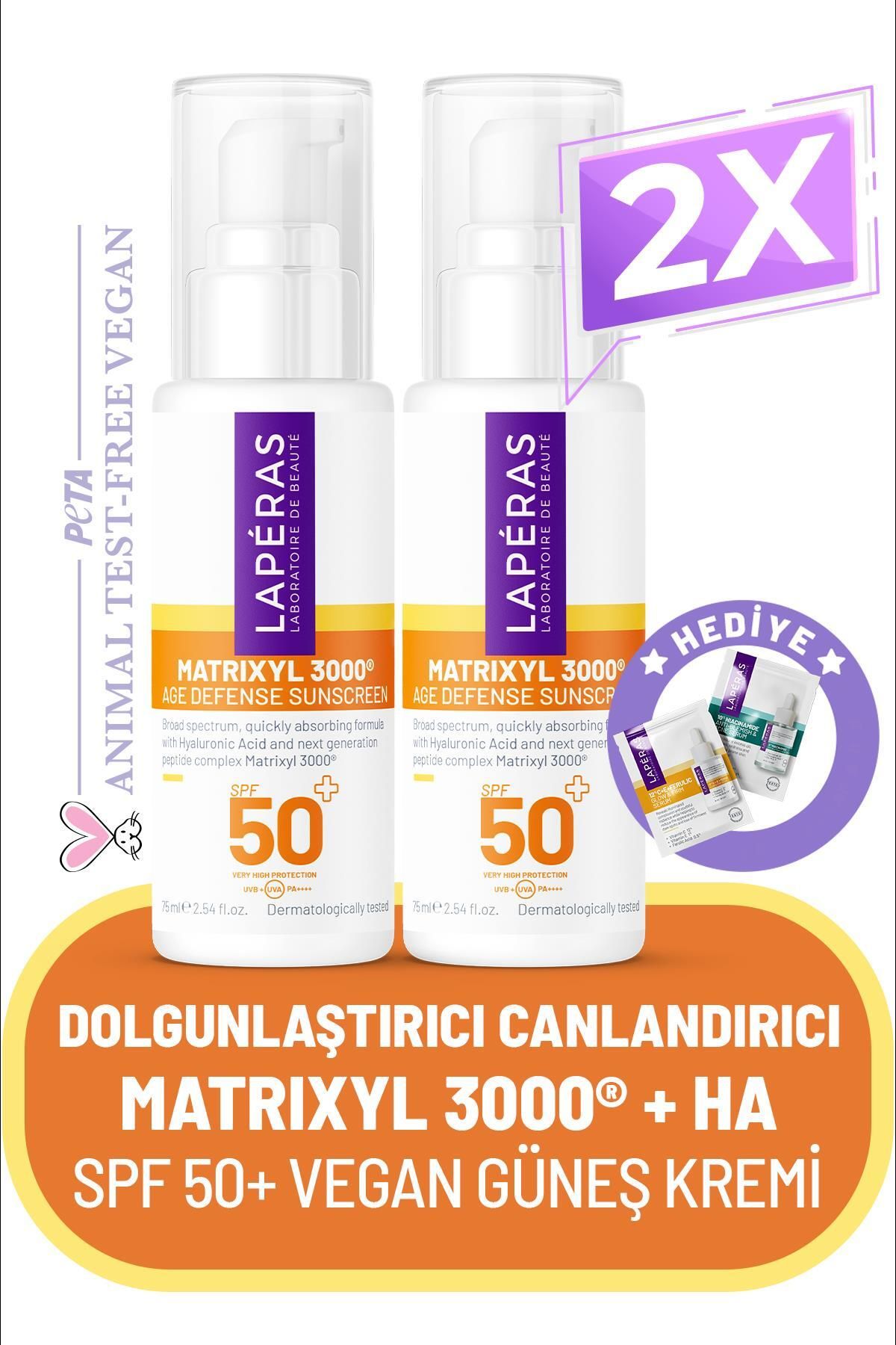 LAPERAS Matrixyl 3000® Peptides Spf 50 Dolgunlaştırıcı Hyaluronic Vegan Yüz Güneş Kremi 75 ml 2'li Paket