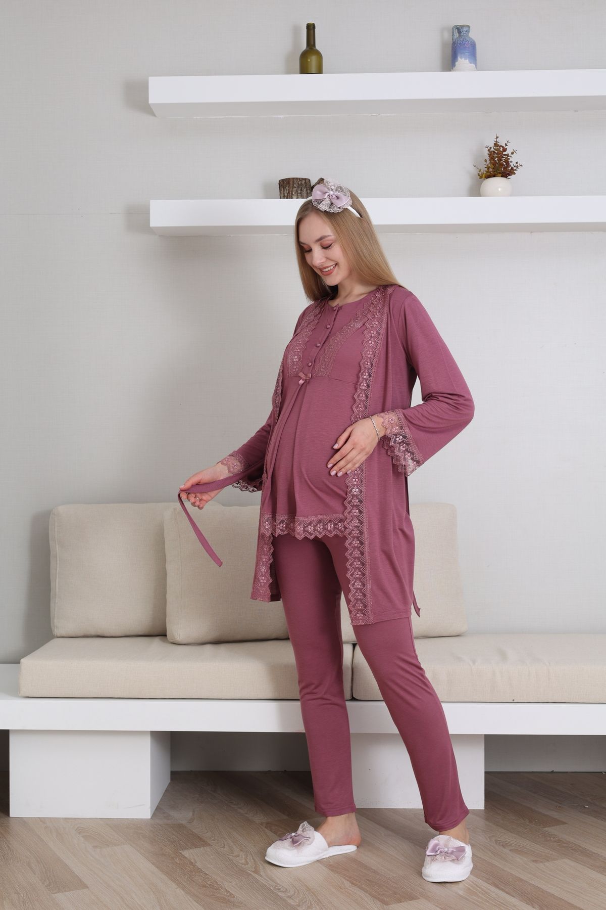 EM&FA TEKSTİL-Maternity Maternity Dressing Gown Nightgown Pajamas Set 1