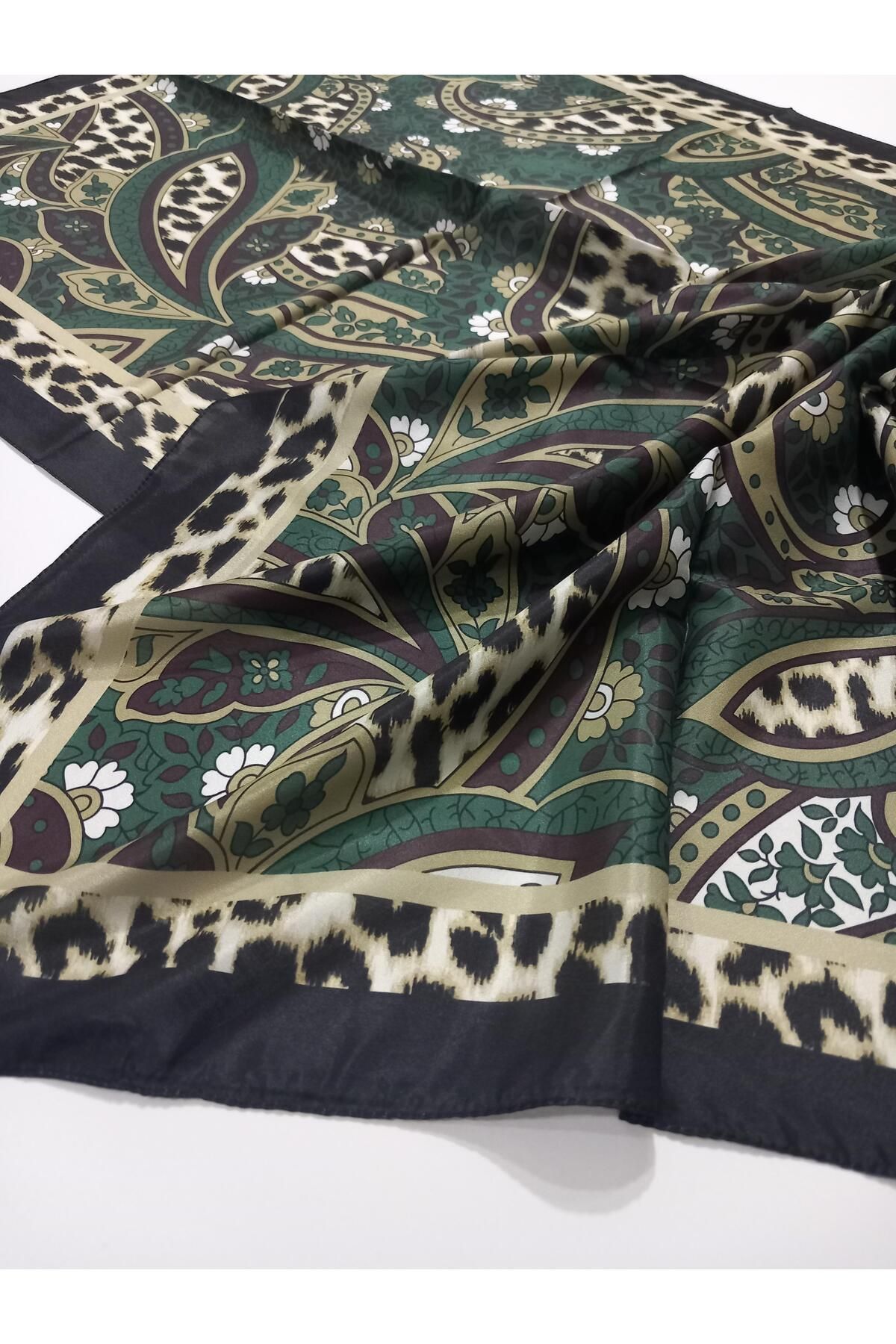 HAREM SCARF-Brisa Digital Emerald Green Leopard Ethnic Pattern Shawl-7503-535-Kvs0579 2