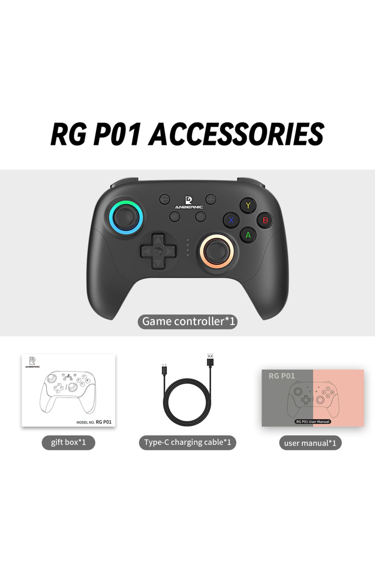 Choice-Black ANBERNIC RG P01 Retro Games Controller Bluetooth Wireless Wired Gamepad Hall Effect Joystick/H 1