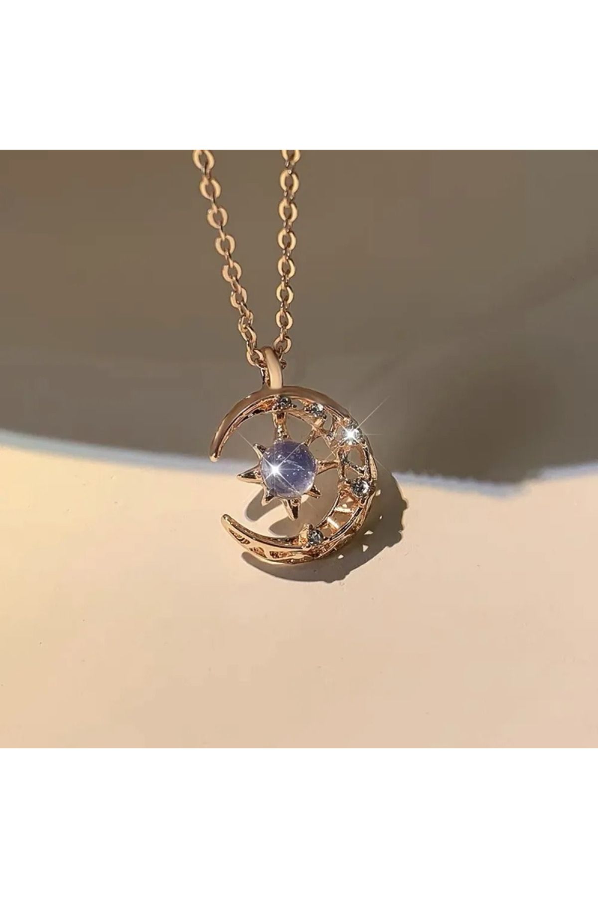 Choice-gold color Simple and Elegant Niche Dream Star Sun Moon Moonstone Pendant Necklace Female Necklace 1