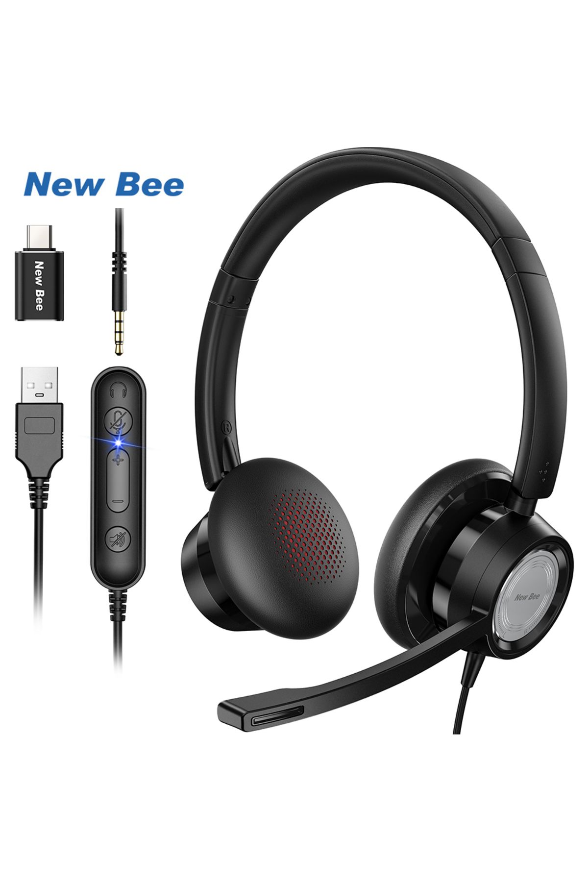 Choice-Red New Bee H362 Wired Headphones USB Headset for PC Call Center Business Rotatable Mic 3.5mm Earpho 1