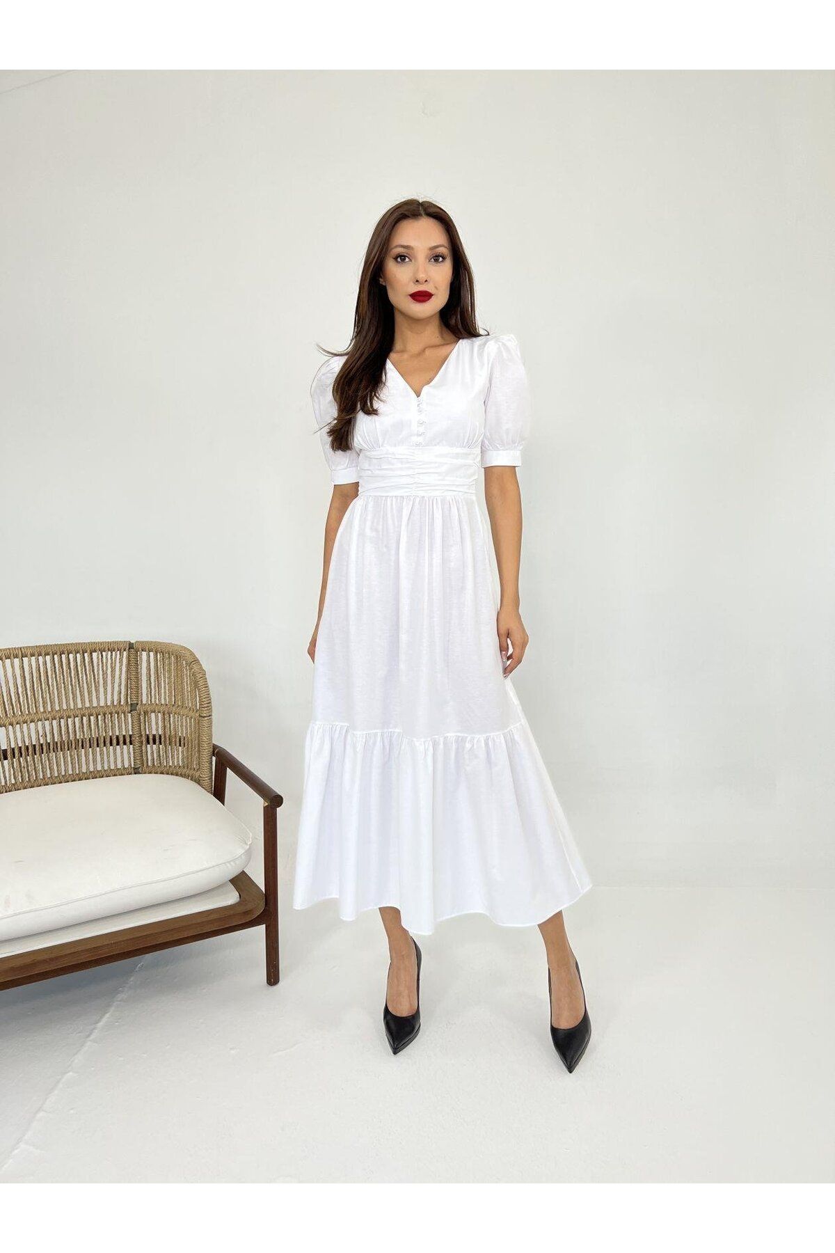 ASFSTORE 6411 ELBİSE-BEYAZ