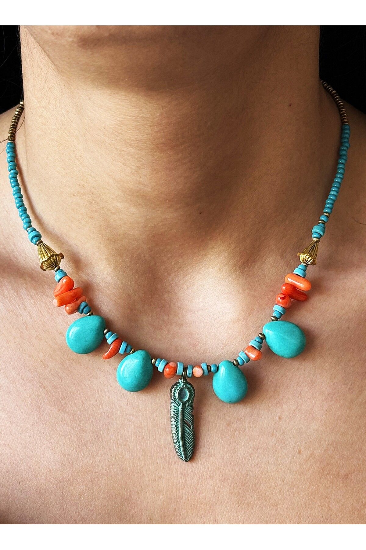 dela otantik-Handmade Turquoise Bohemian Necklace - Authentic Jewelry with Shippings - Beaded Boho Necklace Gift 1