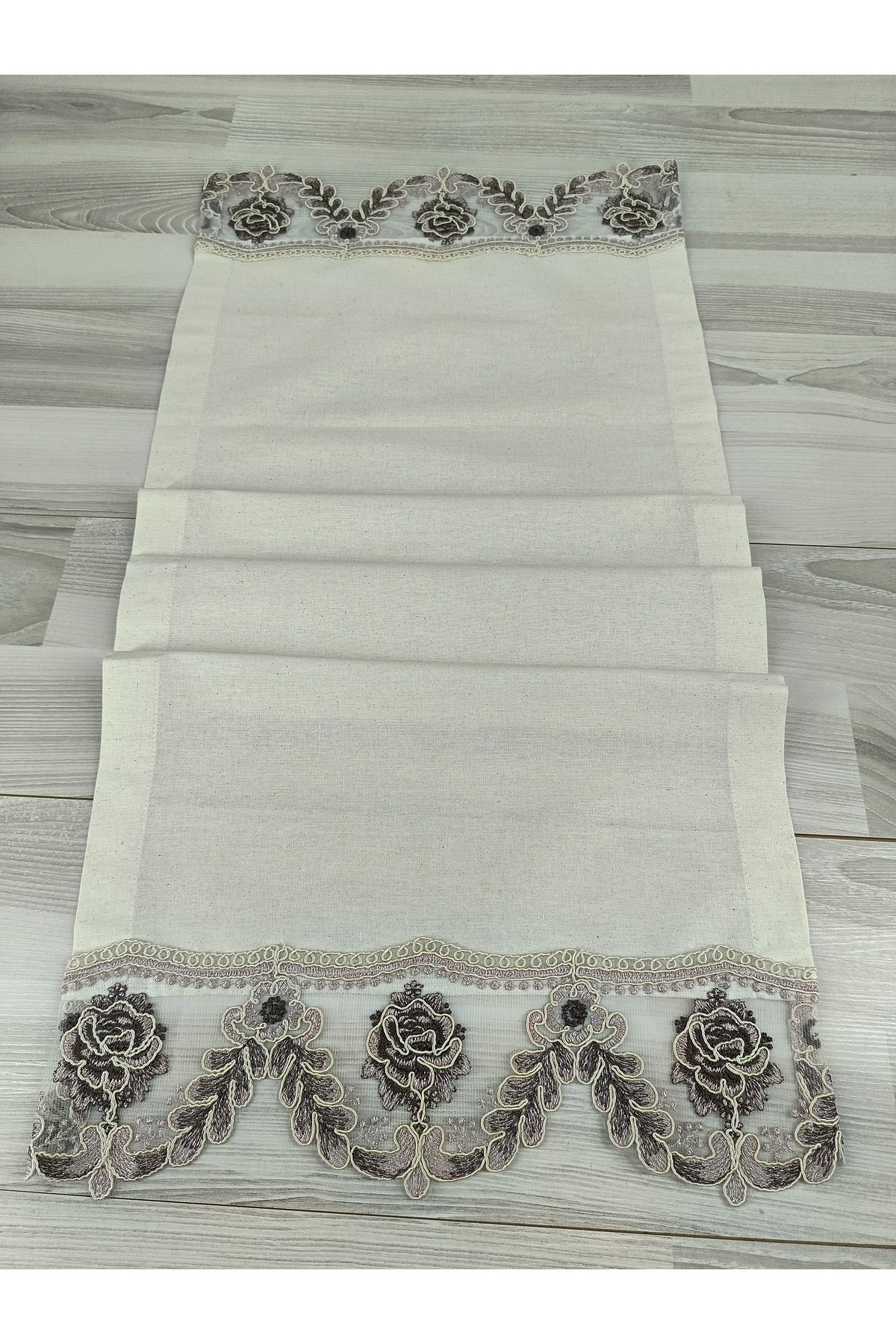 zümal tekstil tasarım-Lacy Linen Fabric Runner 40 cm X 120 cm (Dried Rose) 1