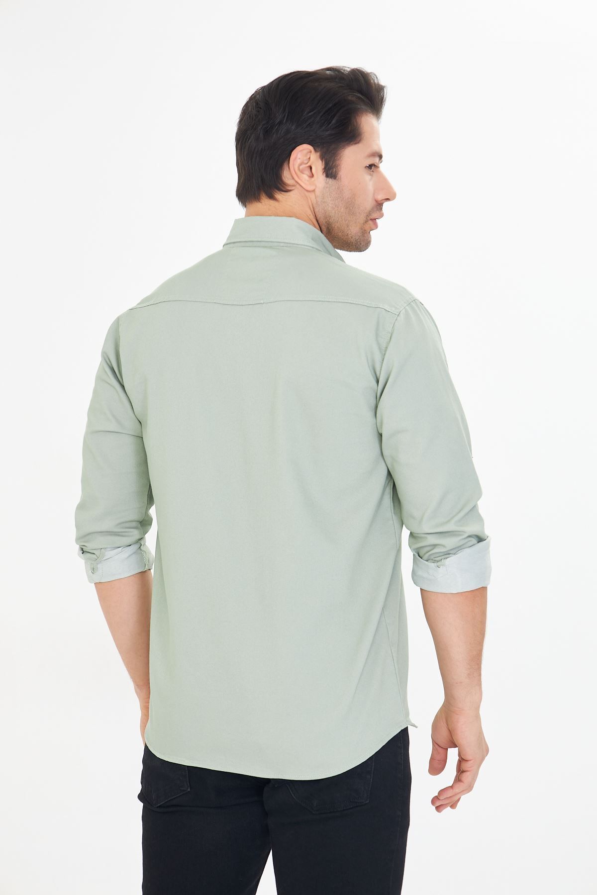 Oyga-Men's Water Green Slim Fit Slim Fit Double Pocket Cotton Denim Shirt 4