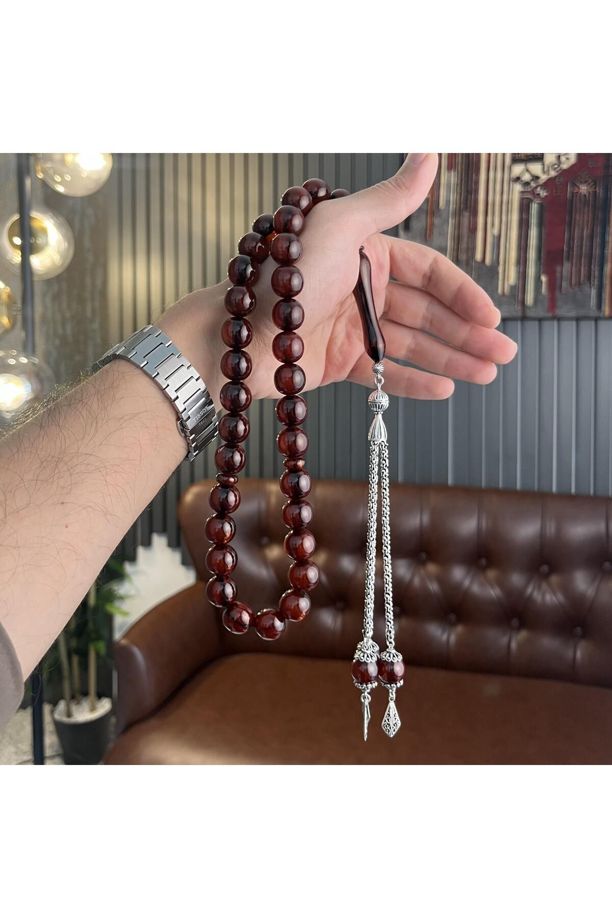 dergah tesbih-Şahin Tree Series Fire-i Squeeze Amber Silver Rosary 3