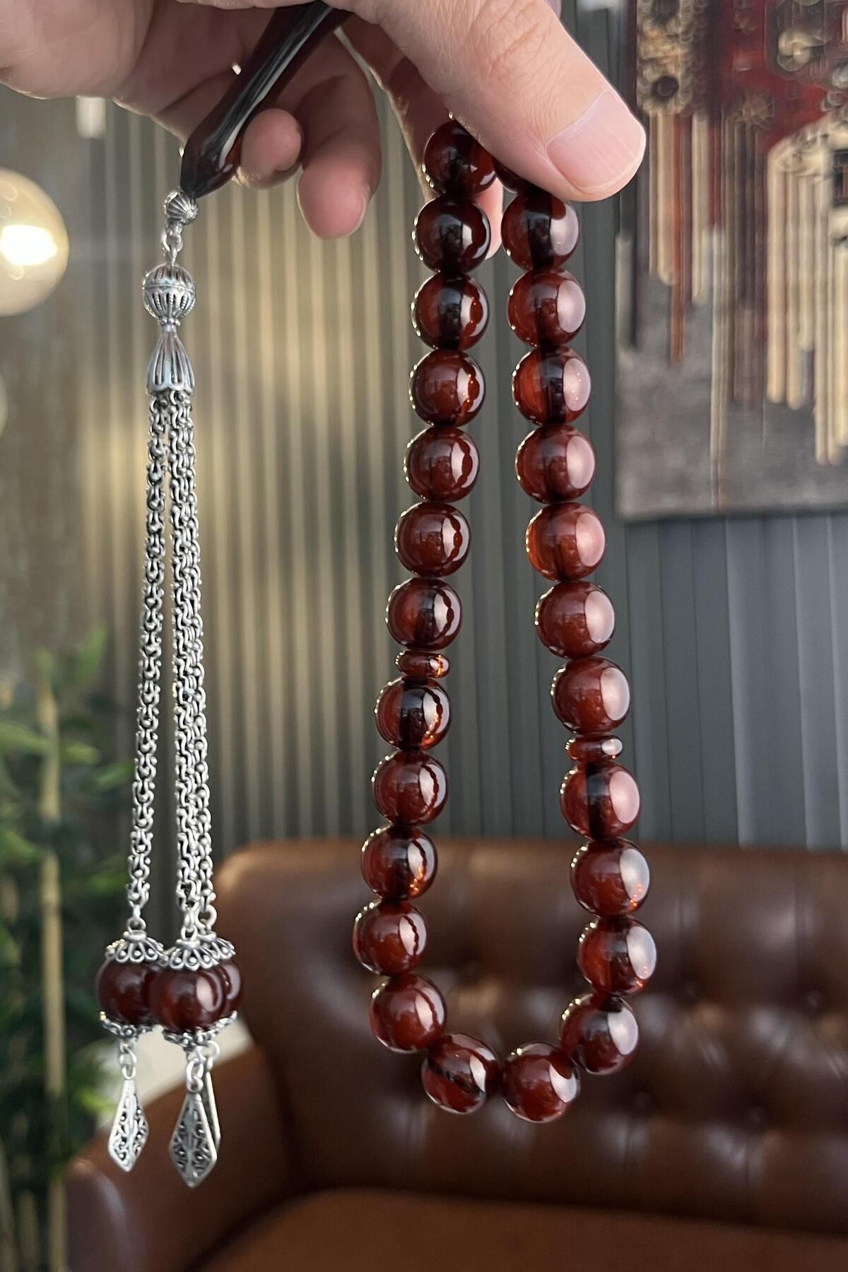 dergah tesbih-Şahin Tree Series Fire-i Squeeze Amber Silver Rosary 8
