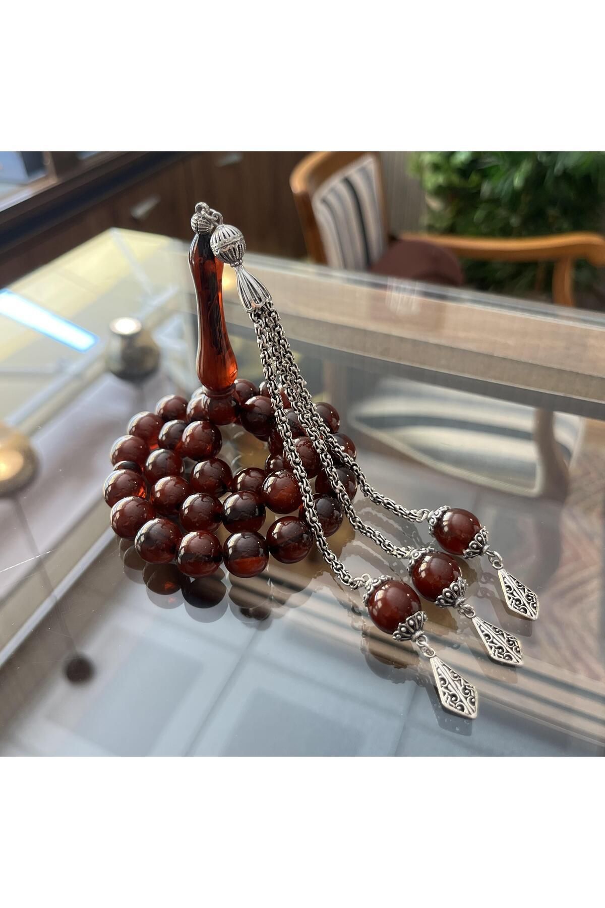 dergah tesbih-Şahin Tree Series Fire-i Squeeze Amber Silver Rosary 2