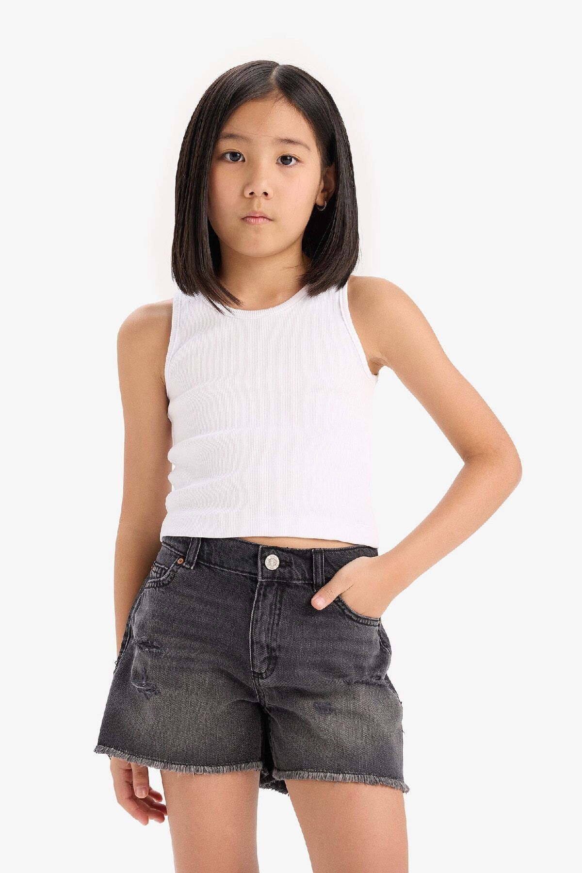 DeFacto-Girl's Ripped Detailed Cotton Jean Shorts D7106A825Sm 2