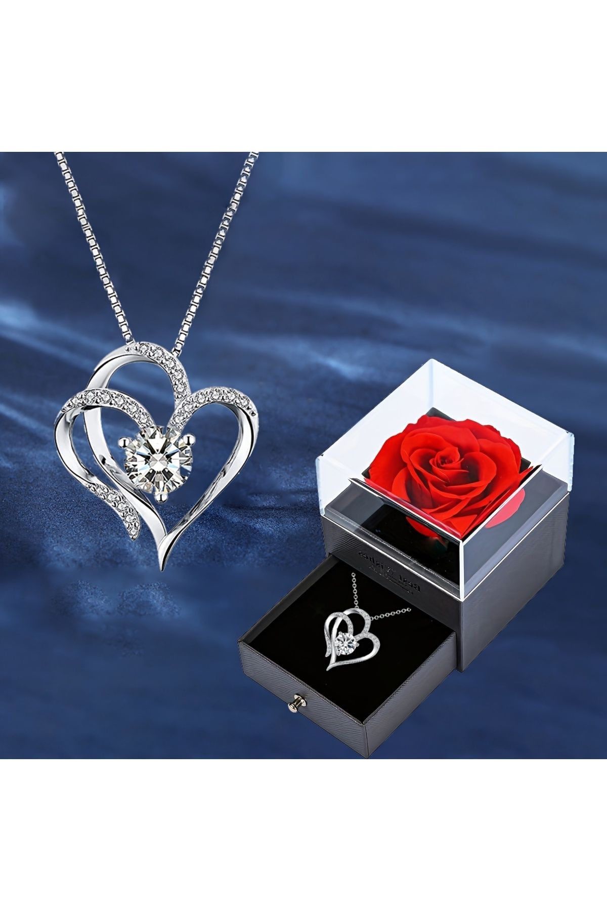 Choice-45cm Silvery Elegant Heart Zircon Necklace With Luxury Rose Flower Gift Box For Women Girlfriend Val 1