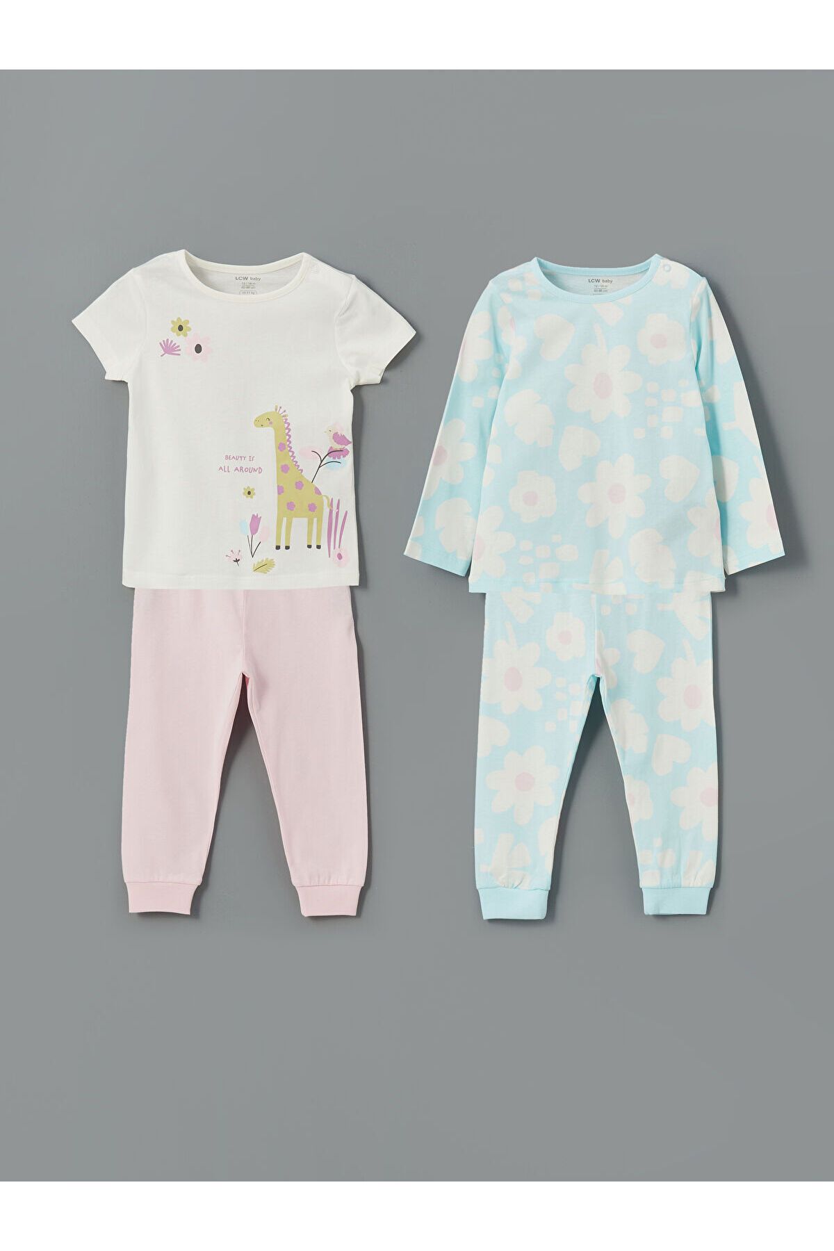 LC Waikiki Bisiklet Yaka Çiçekli Kız Bebek Pijama Takım 2'li
