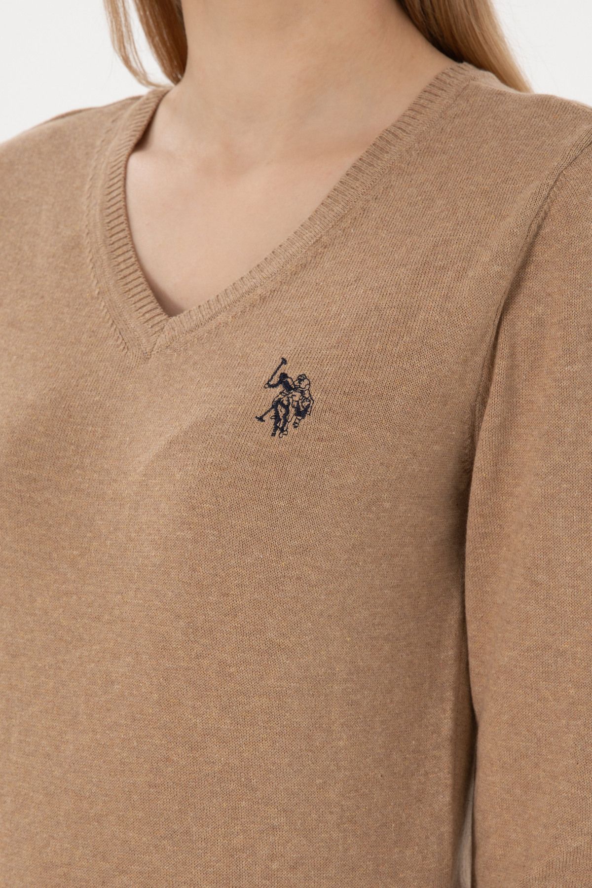 U.S. Polo Assn.-Women's Camel Melange V-Neck Basic Sweater 50251903 -Vr122 7