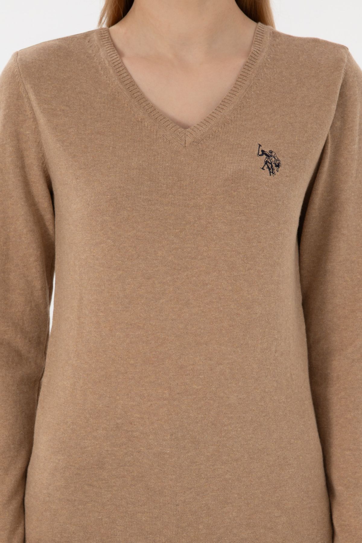 U.S. Polo Assn.-Women's Camel Melange V-Neck Basic Sweater 50251903 -Vr122 6