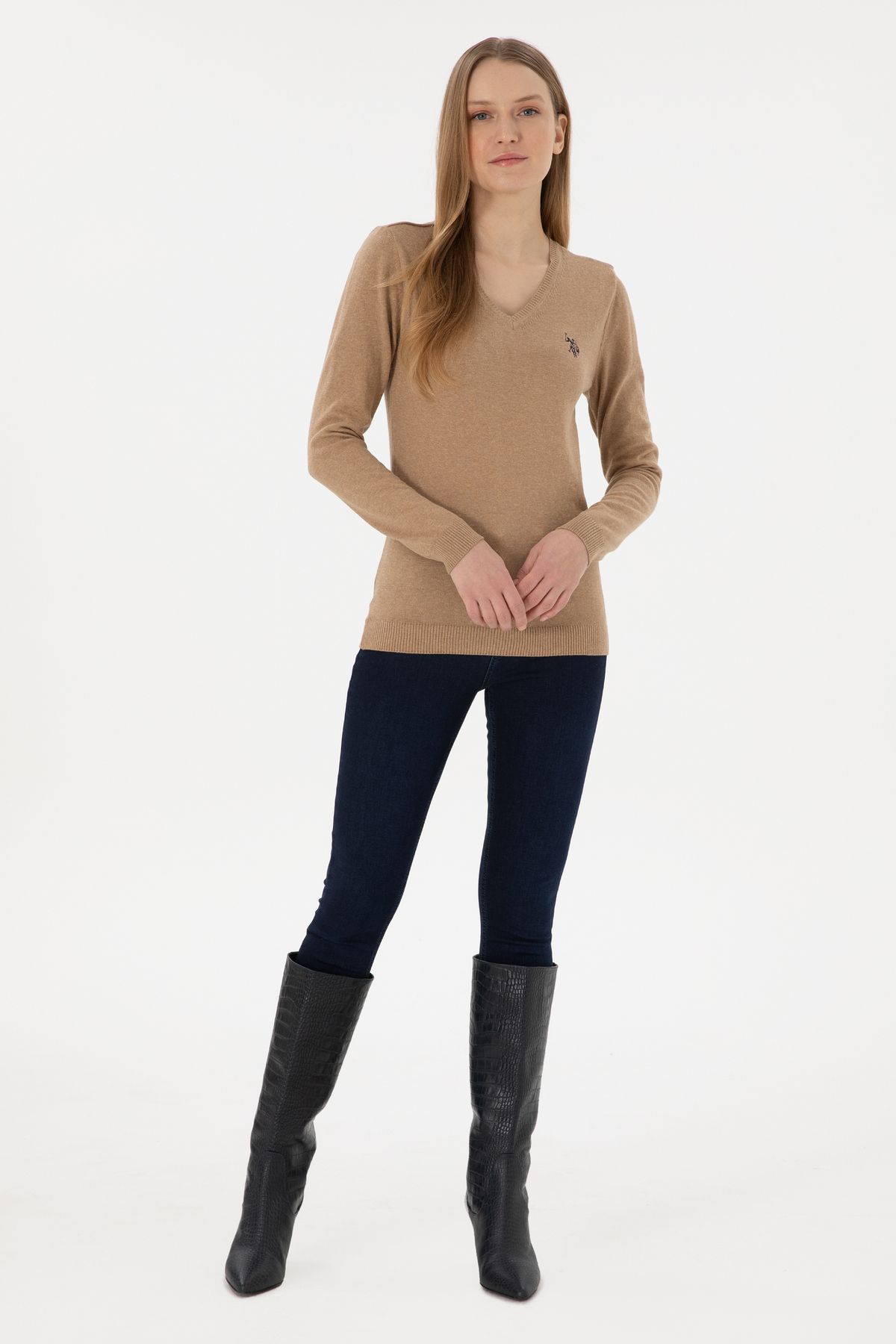 U.S. Polo Assn.-Women's Camel Melange V-Neck Basic Sweater 50251903 -Vr122 4