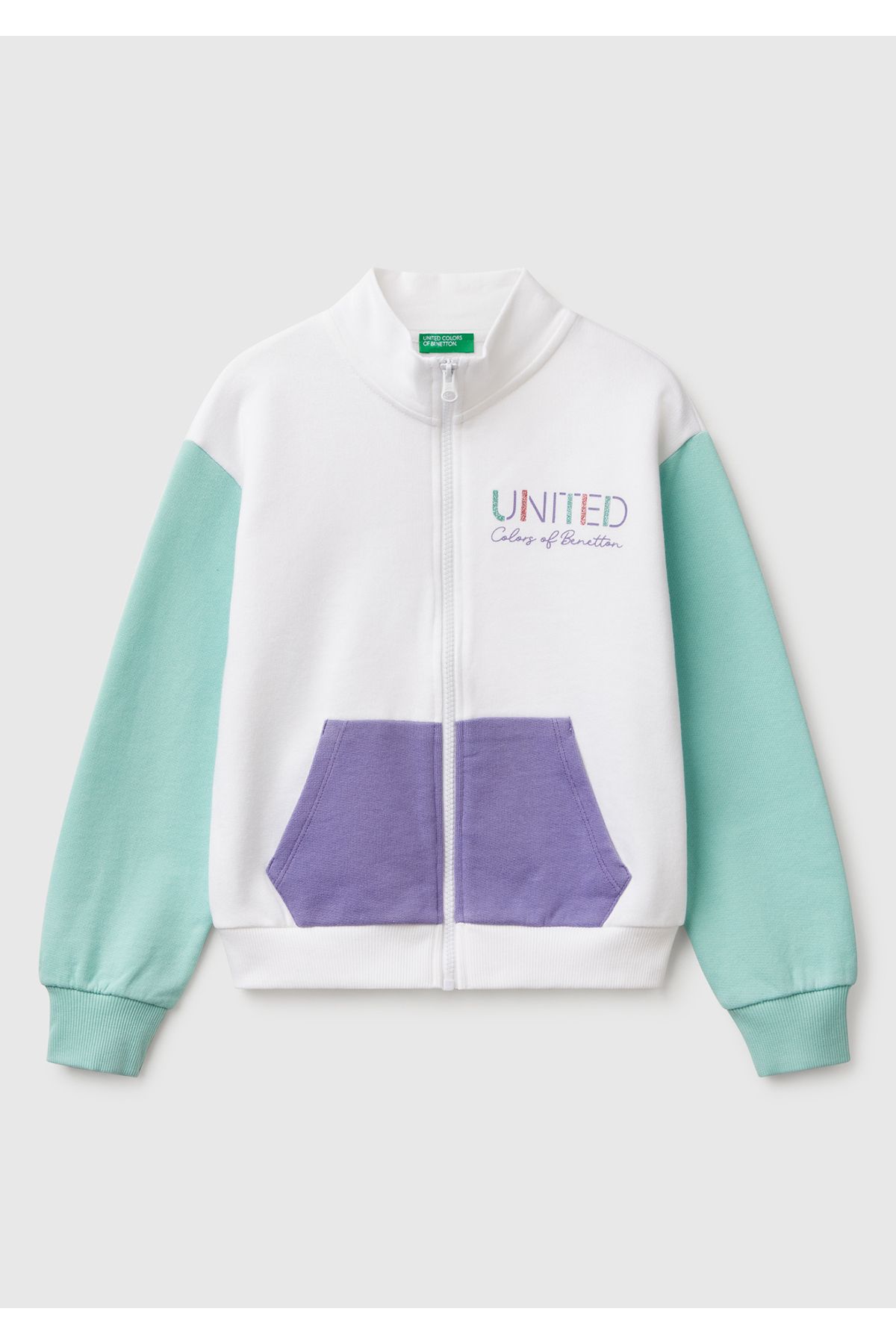 United Colors of Benetton-Girl's White Mix Glitter Benetton Logo Embroidered Zipper Sweatshirt 1