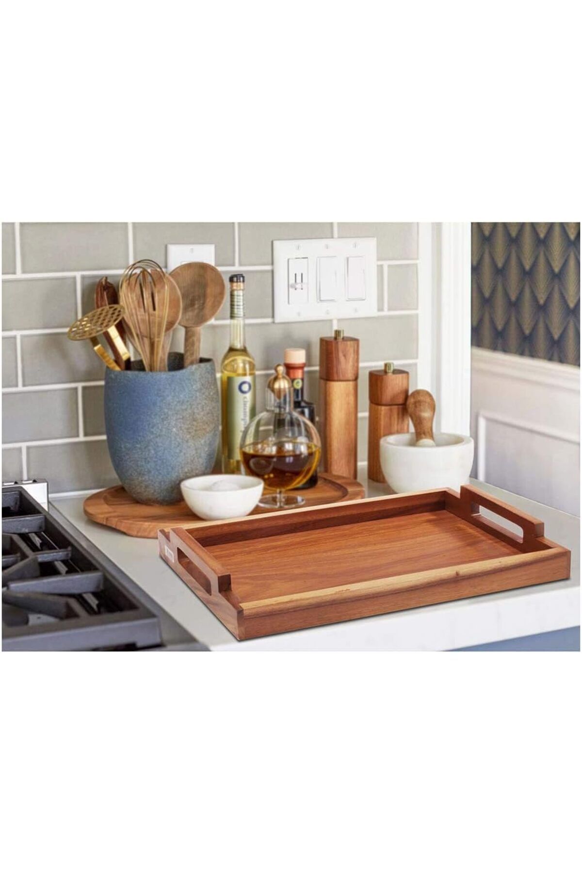 Billi-Acacia Wood Serving Tray with Handles,Decorative Tray for Breakfast, Lunch & Dinner (48x31cm) 3