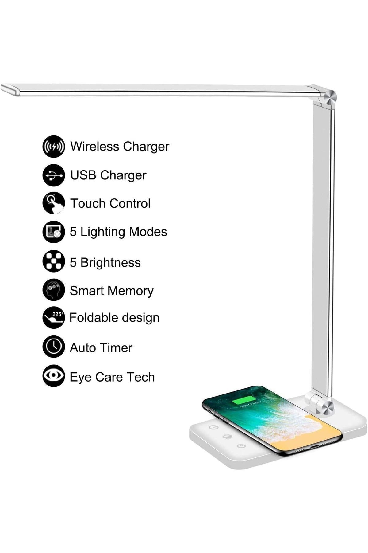 COOYA-Portable LED Desk Lamp, With USB Charging, 5 Colour Modes, Adjustable Arm, for Work, Study, White 3