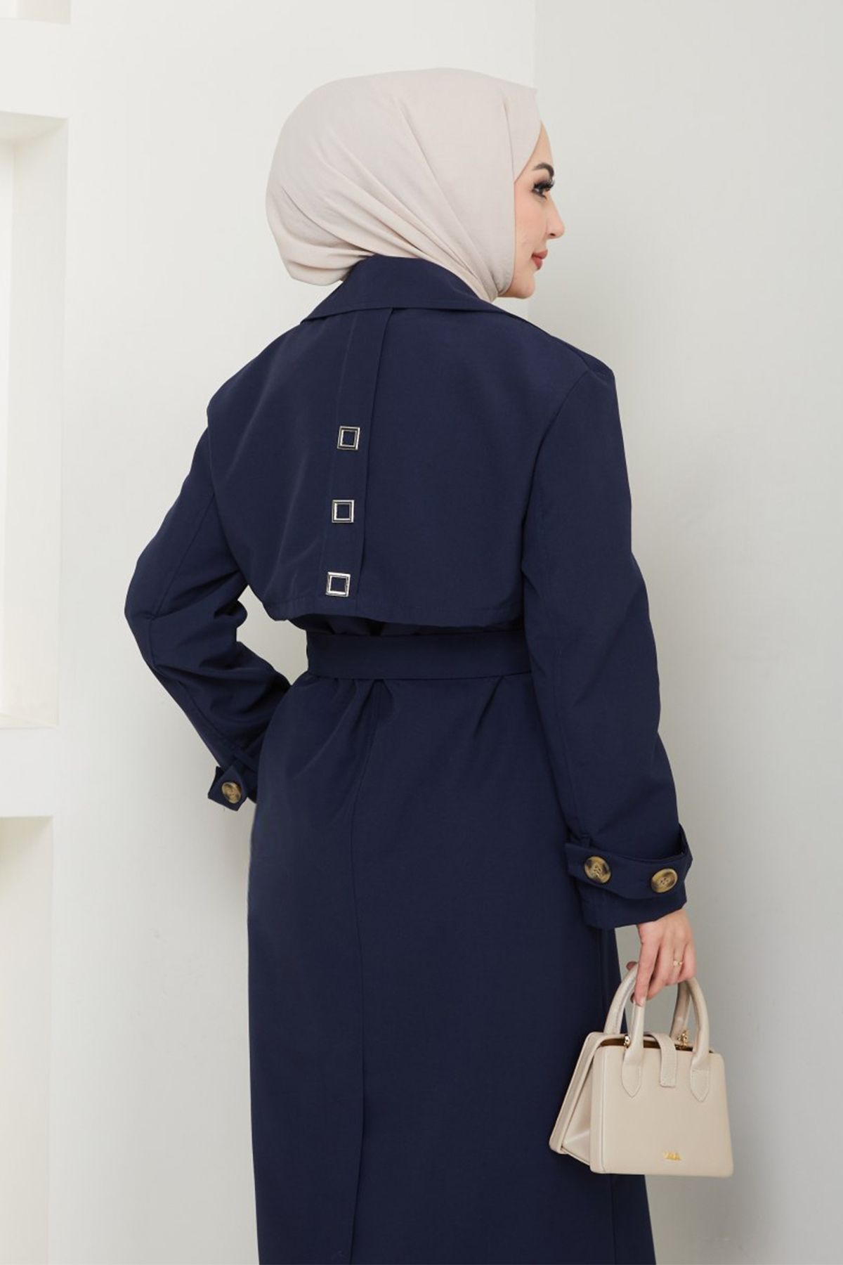 InStyle-Lined Navy Blue Trench Coat with Stone Buckle Detail 3