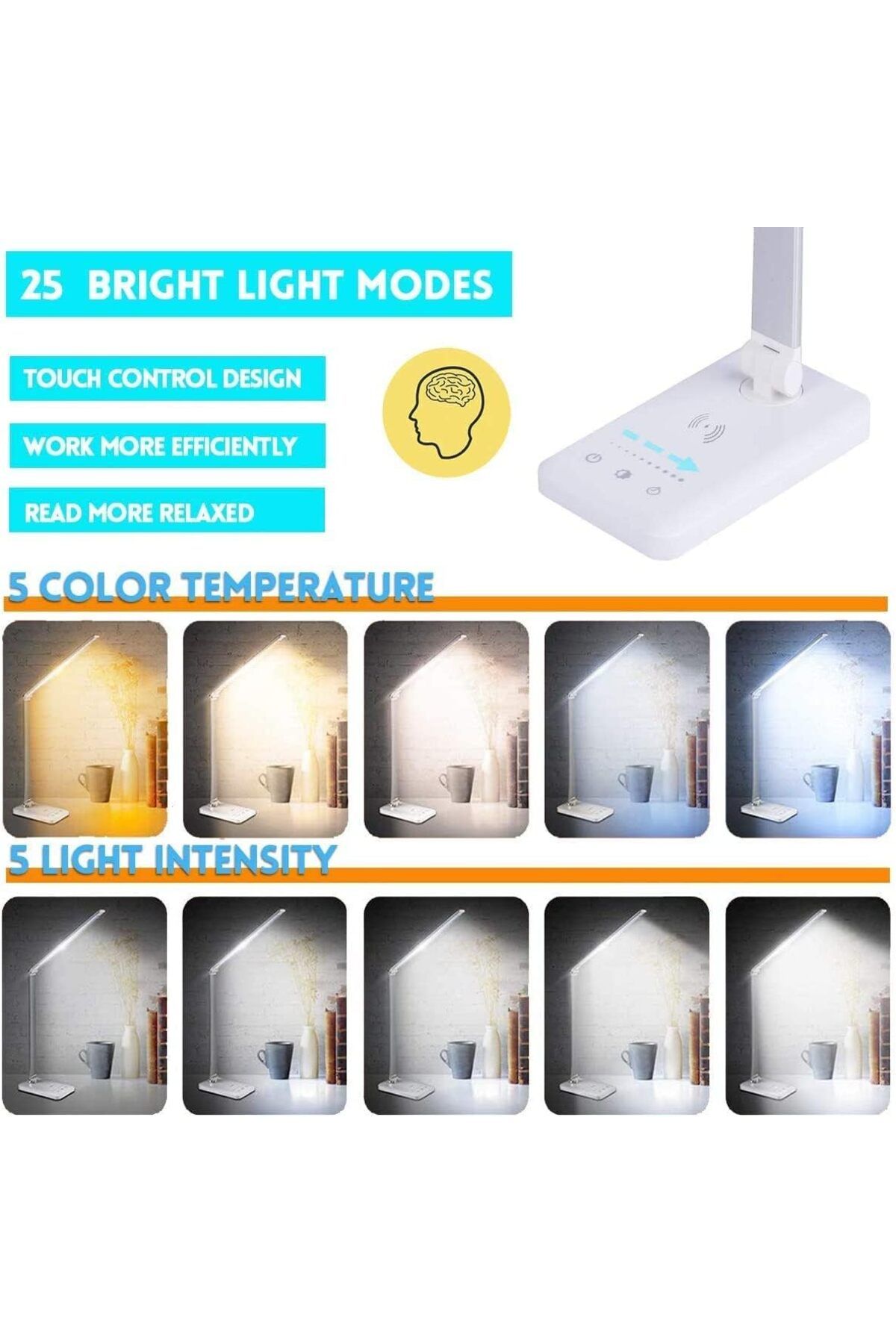 COOYA-Portable LED Desk Lamp, With USB Charging, 5 Colour Modes, Adjustable Arm, for Work, Study, White 6